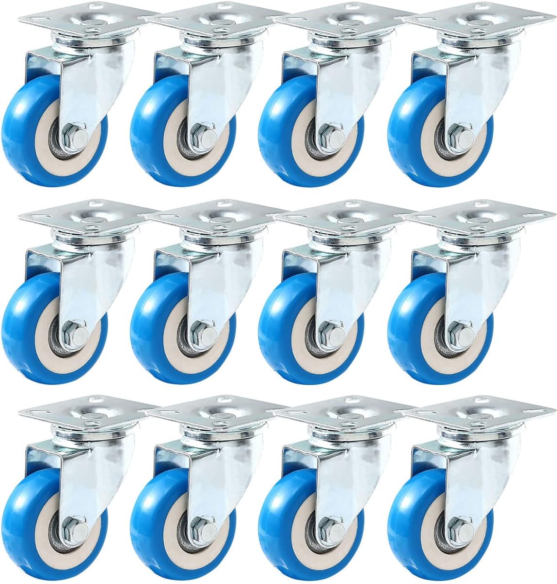12 Pack Caster Wheels Swivel Plate Casters On Blue Polyurethane Wheels PU