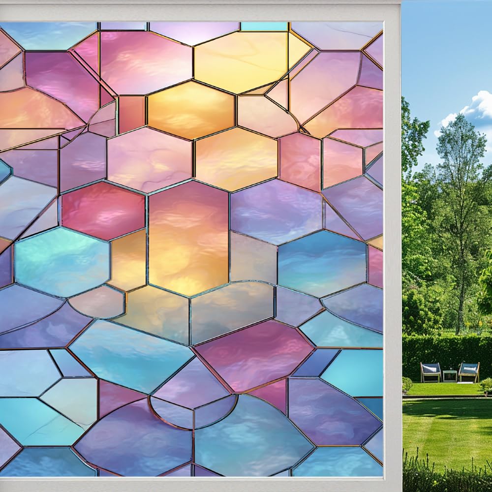 Pmlbaous Modern Shape Privacy Window Film, Colorful Geometric Hexagon Frosted Self-Adhesive Vinyl Cling For Glass Doors Bathroom Windows Sun Blocking Heat Control, （70X100cm）