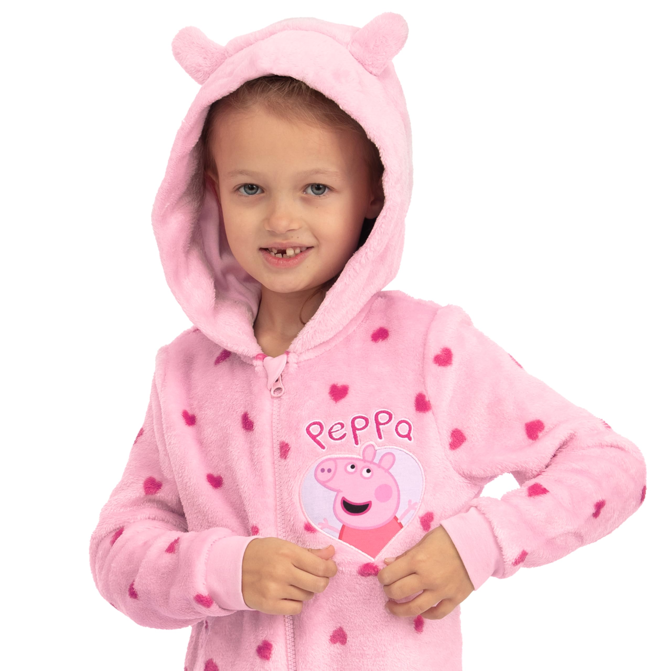 Peppa Pig Onesie Kinder, Fleece Onesie Mädchen mit 3D Ohren, Herzmuster Schlafoverall Kinder