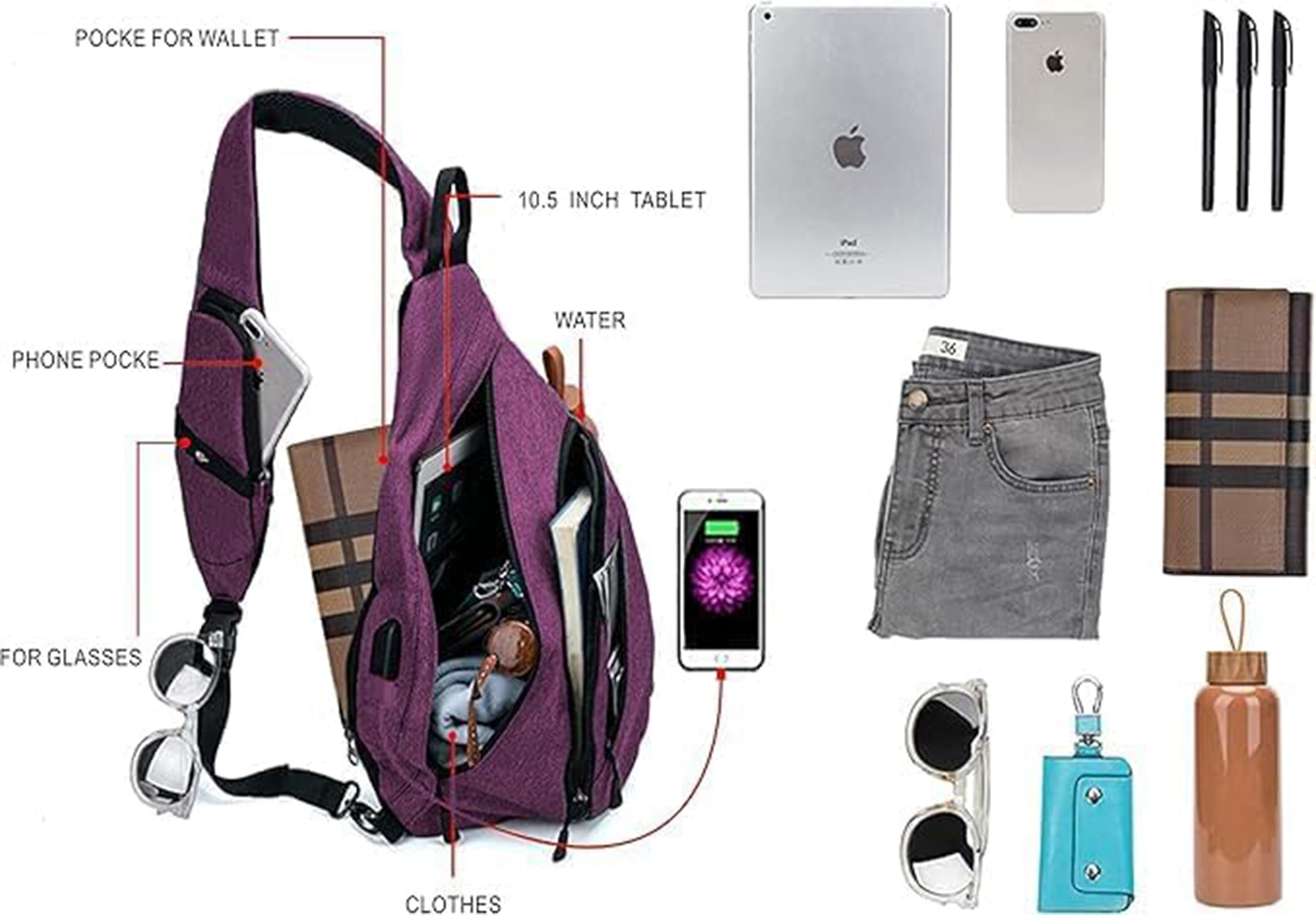 TurnWay Sac à bandoulière étanche avec port de charge USB pour voyage, randonnée, cyclisme