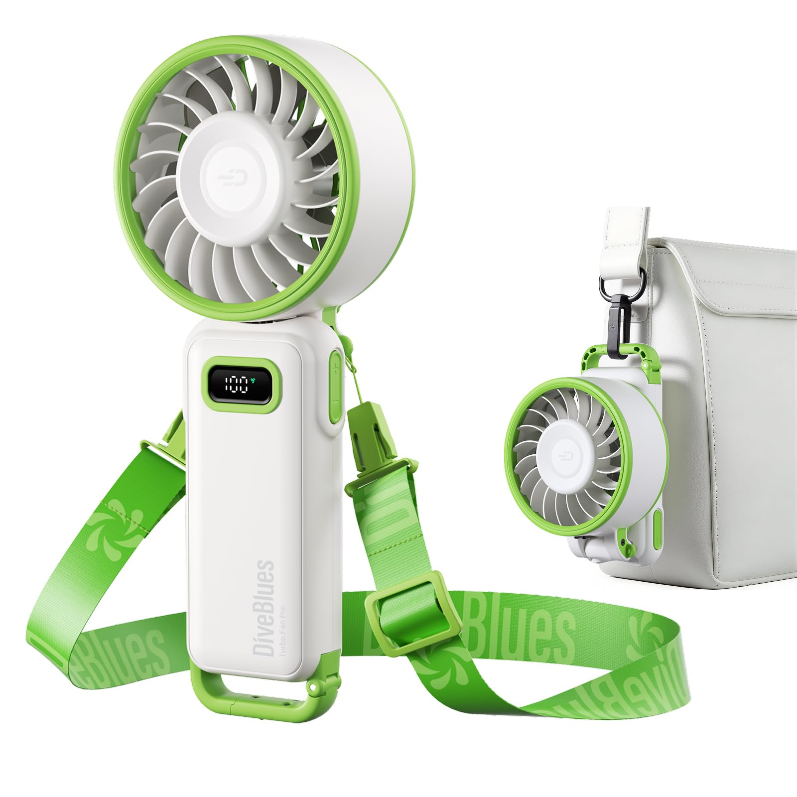 Diveblues Ventilador de Mano Turbo Portátil, 100 Velocidad, Flujo de Aire Potente de 7,4 m/s, Mini Ventilador Plegable 180° 4-en-1 para Mano, Cuello o Mesa, Recargable para Verano, Viajes y Exterior — view 15