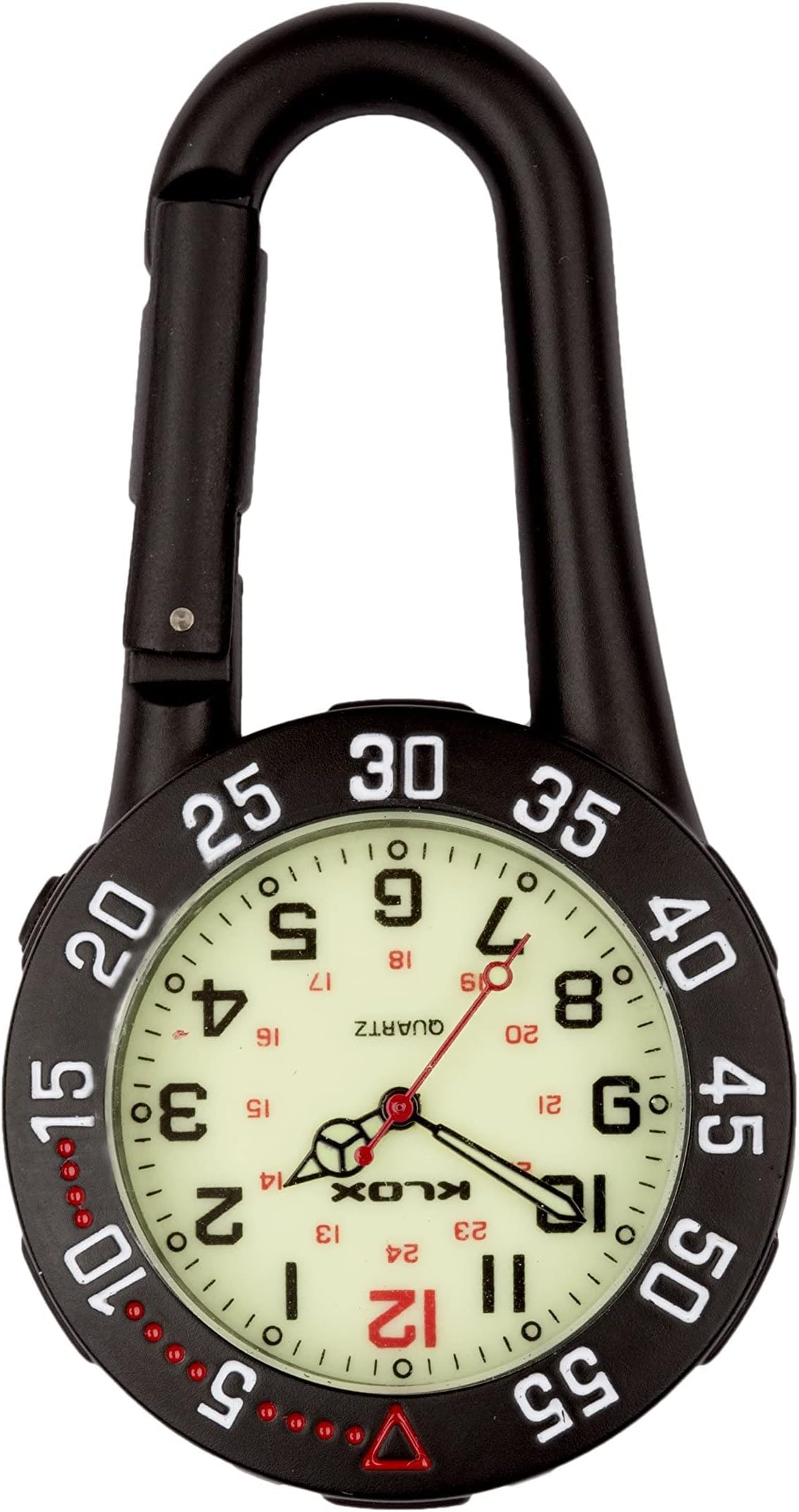 Black Clip on Carabiner Rotating Bezel Luminous Face FOB Watch, Pocket Watch for Doctors Nurses Paramedics Chefs