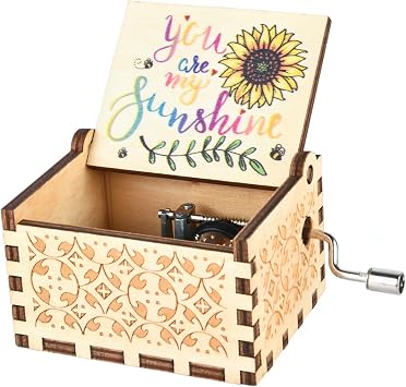 You are My Sunshine Wood Music Boxes, Laser Engraved Vintage Wooden Sunshine Hand Crank Musical Box Gifts for Birthday/Christmas/Valentine's Day/Mothers Day/Anniversary You are my sunshine-wood