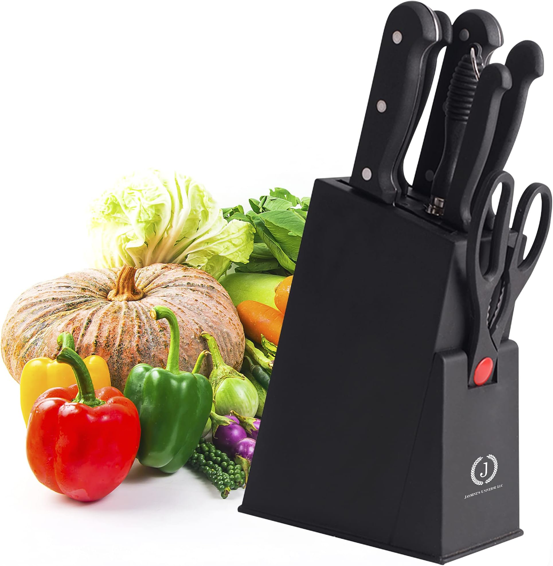Jasmine’s Universe 8 Pieces Kitchen Knives Set with Block, Stainless Steel Professional Chef Knife Set with Sharpener, Ultra Sharp with Non-Stick Coating, Ergonomic Handle Easy to Use