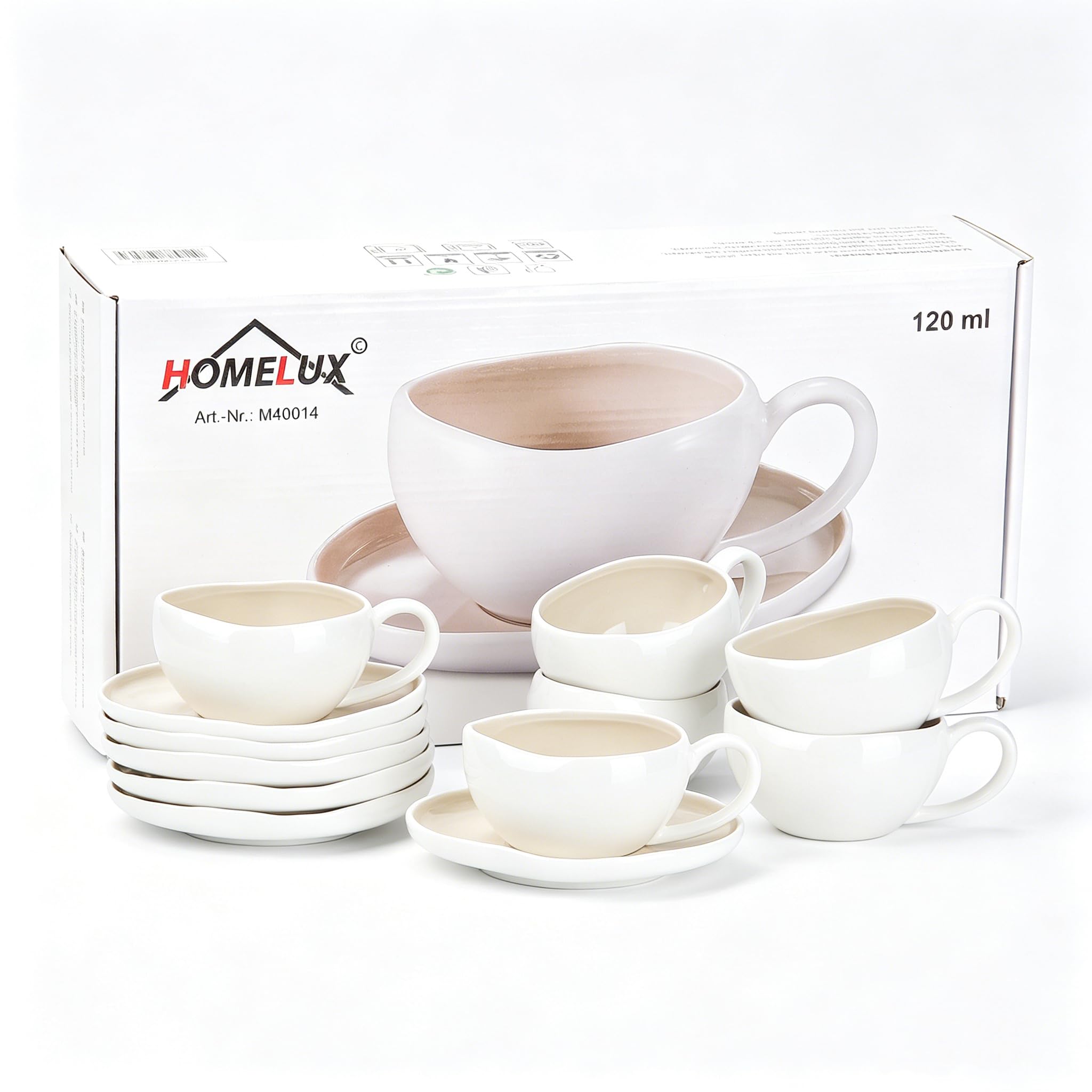 Filiżanki do espresso, zestaw filiżanek do espresso ze spodkami, 6-częściowy zestaw ceramicznych filiżanek do espresso i moki, 120 ml, filiżanki i spodki, jasnobeżowy i biały
