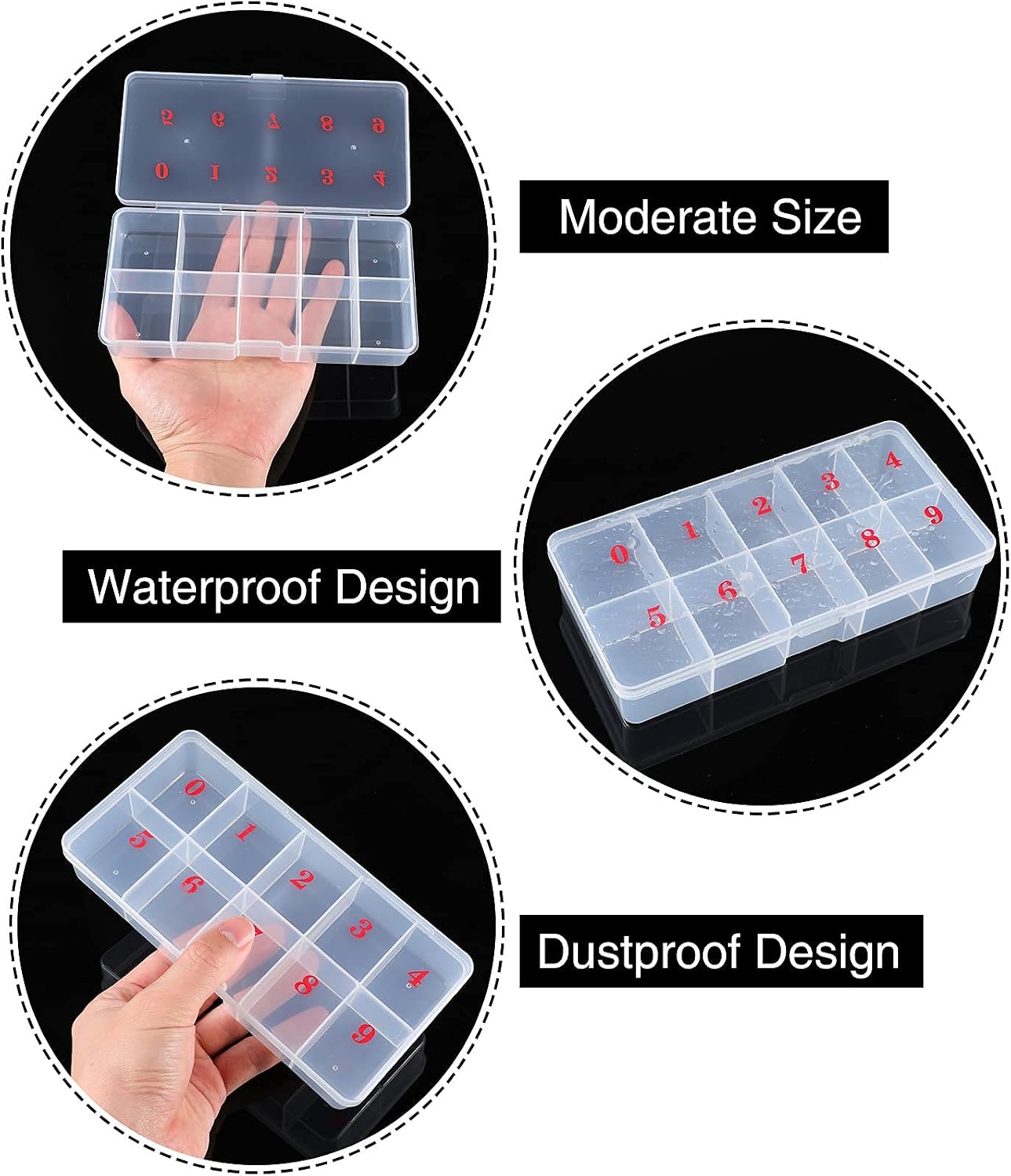 2 Pieces Nail Tip Box False Empty Nail Tips Organizer Storage Box with 10 Number Spaces Storage Case Container Nail Box Plastic Grid Box for Fingernail Crystal, Jewelry, Nail Accessories (White)
