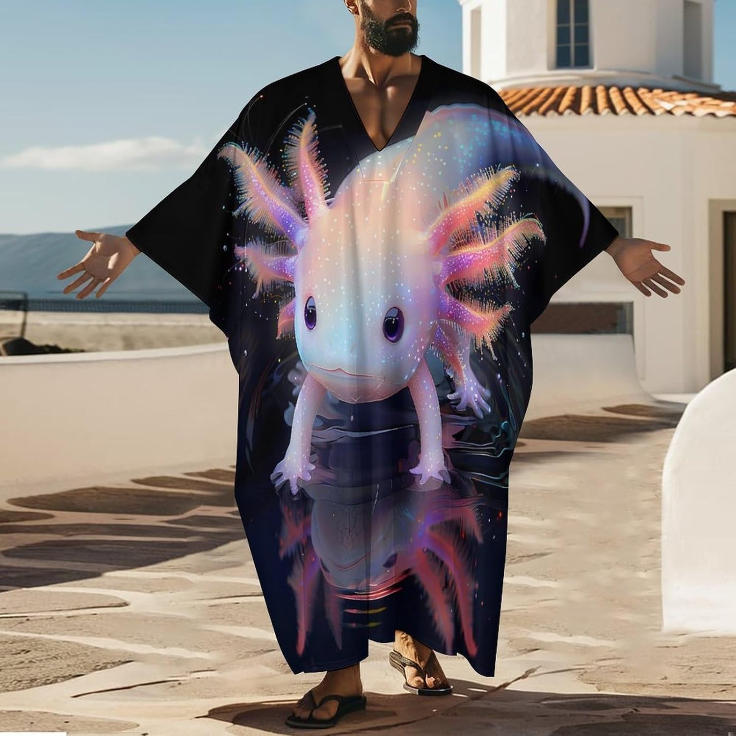 Cute Axolotl And Shadow Men's Kaftan Thobe V-Neck Long Gown Loose Robe