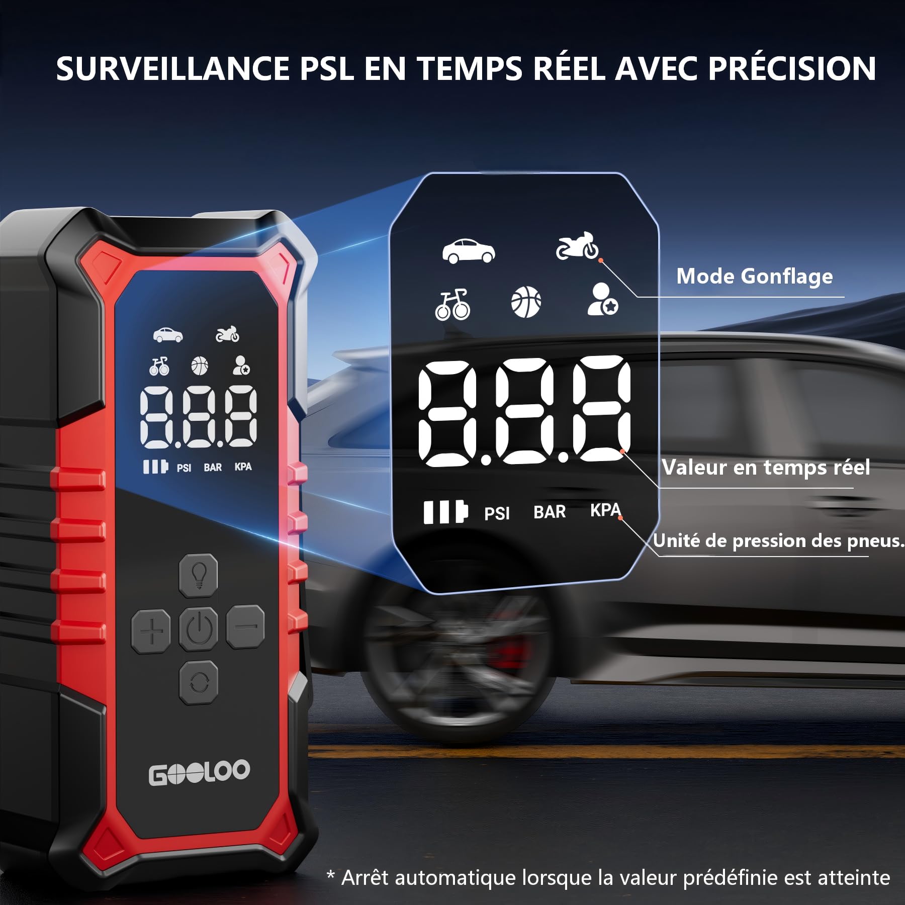 GOOLOO A6 Gear Compresseur d'air Portable 160 PSI (11 BAR) | Gonfleur Pneu Sans Fil, Manomètre Numérique, Pompe Électrique Intelligente, Arrêt Automatique, Lumière LED Pour Pickup