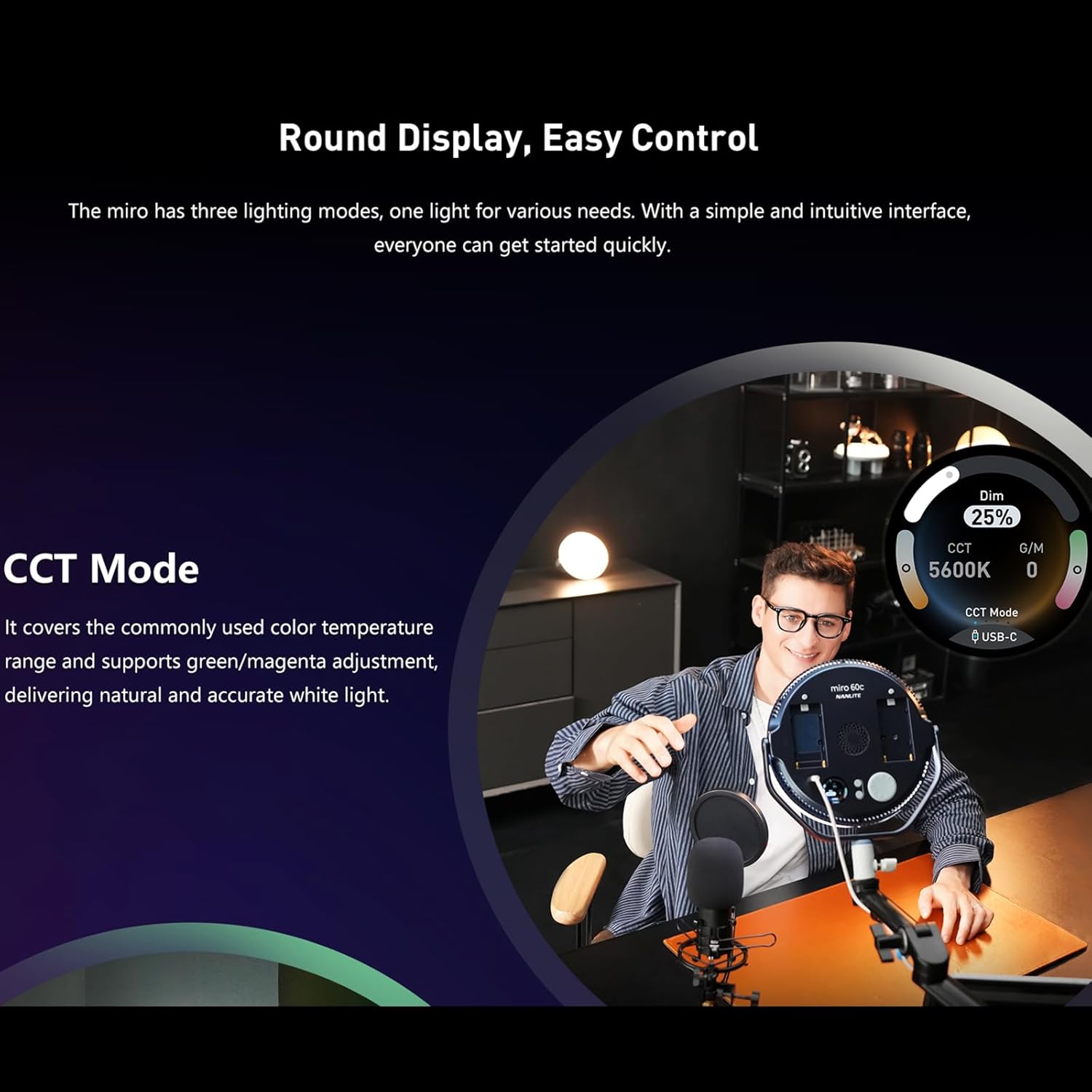 NANLITE RGBW Full Color Round Panel Light for Film and TV Production,Portable LED Fill Light for Live Streaming,Photography,Video Content 2700-7500K Bi-Color App Control with HSI(Miro 30C)