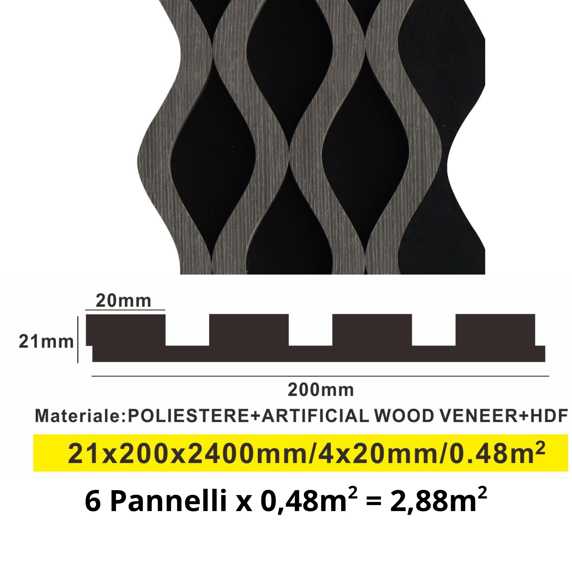 Juego de 6 paneles de pared de plástico con efecto de láminas, revestimiento de pared, techo, interior y exterior, 20 x 240 cm, encastre lateral, recortables, rígidos, decorativos, negro, PVC, doble