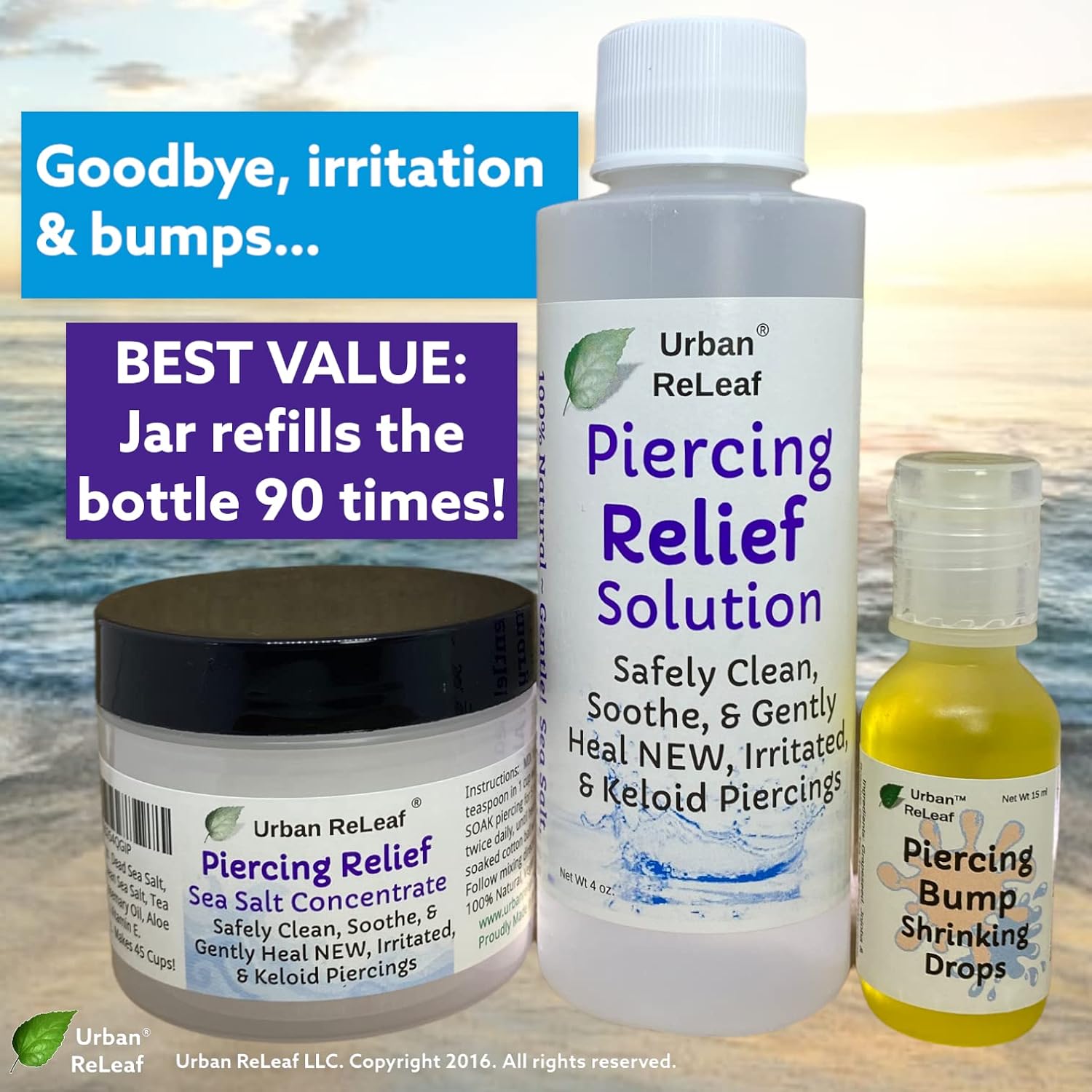 SET Urban ReLeaf Piercing Relief Solution, Piercing Concentrate & Piercing Bump Shrinking Drops. Aftercare Irritation Keloid Sea Salt Soak Treatment