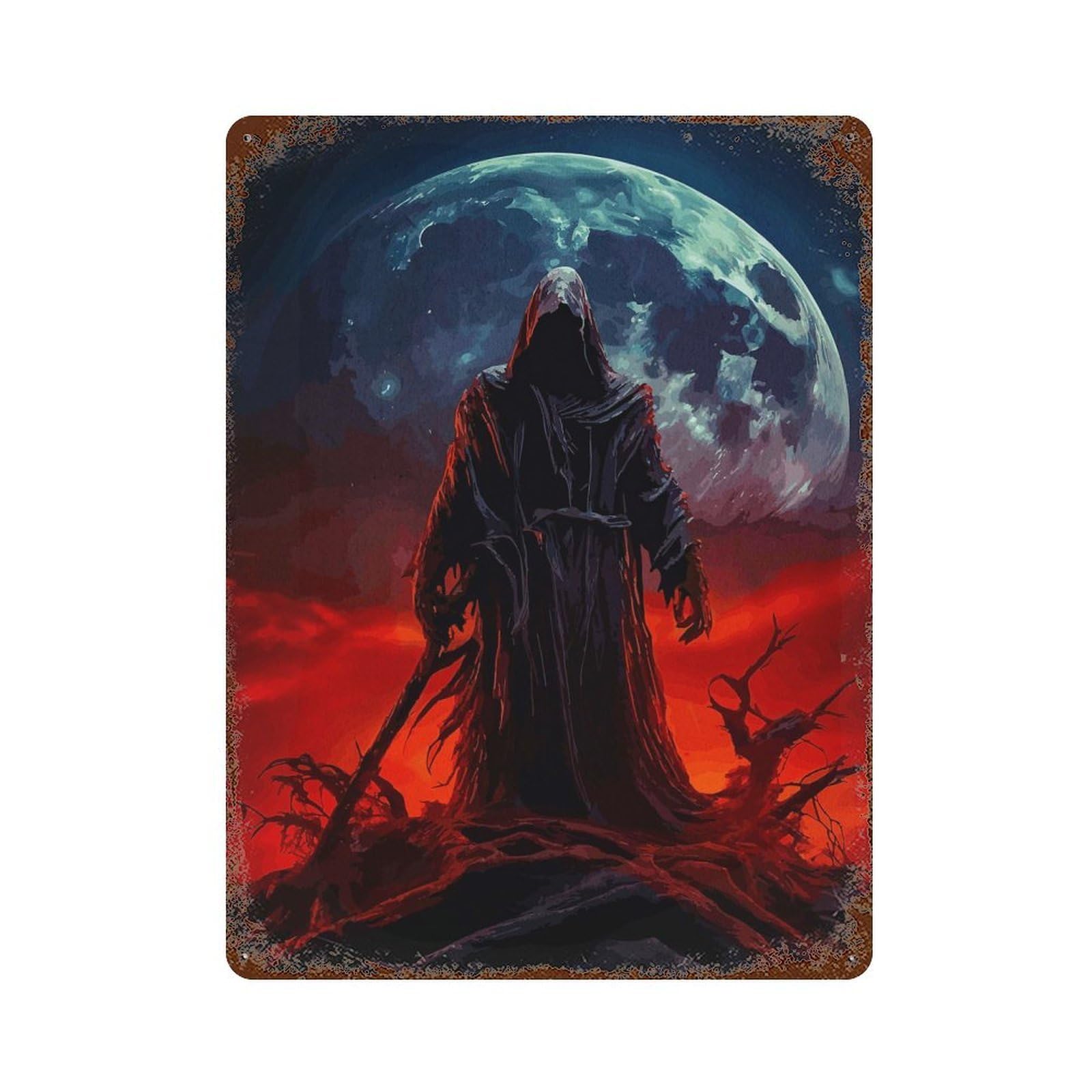 Grim Reaper Under Blood Moon Vintage Rust Metal Sign 15.7"x11.8", for Basement, Hobby Room And Garage Decor, Farmhouse Wall Decor