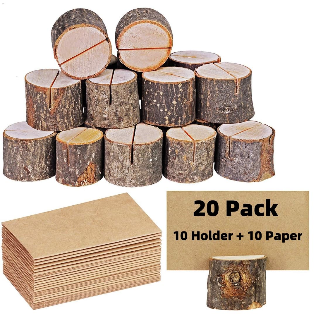 MEETOZ Wood Place Card Holders,10 Set Wooden Place Card Holders,10Pcs Wooden Table Number Holders and 10 Pcs Kraft Table Place Cards,for Christmas, Birthdays, Wedding Party Decoration