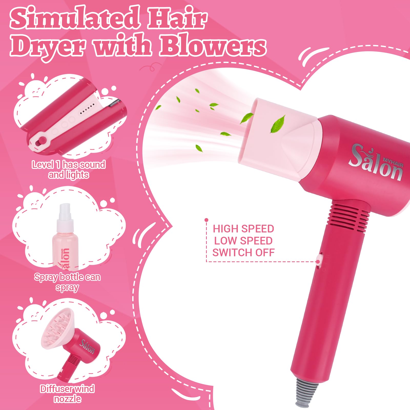 Friseur Set Kinder,Schminke Friseur Beauty Sets,25-teilig Schönheitssalon-Set Modespiel mit Haartrockner,Spiegel,Friseurkoffer Kinder Rollenspielset für Jungen und Mädchen ab 3 Jahren - Rose