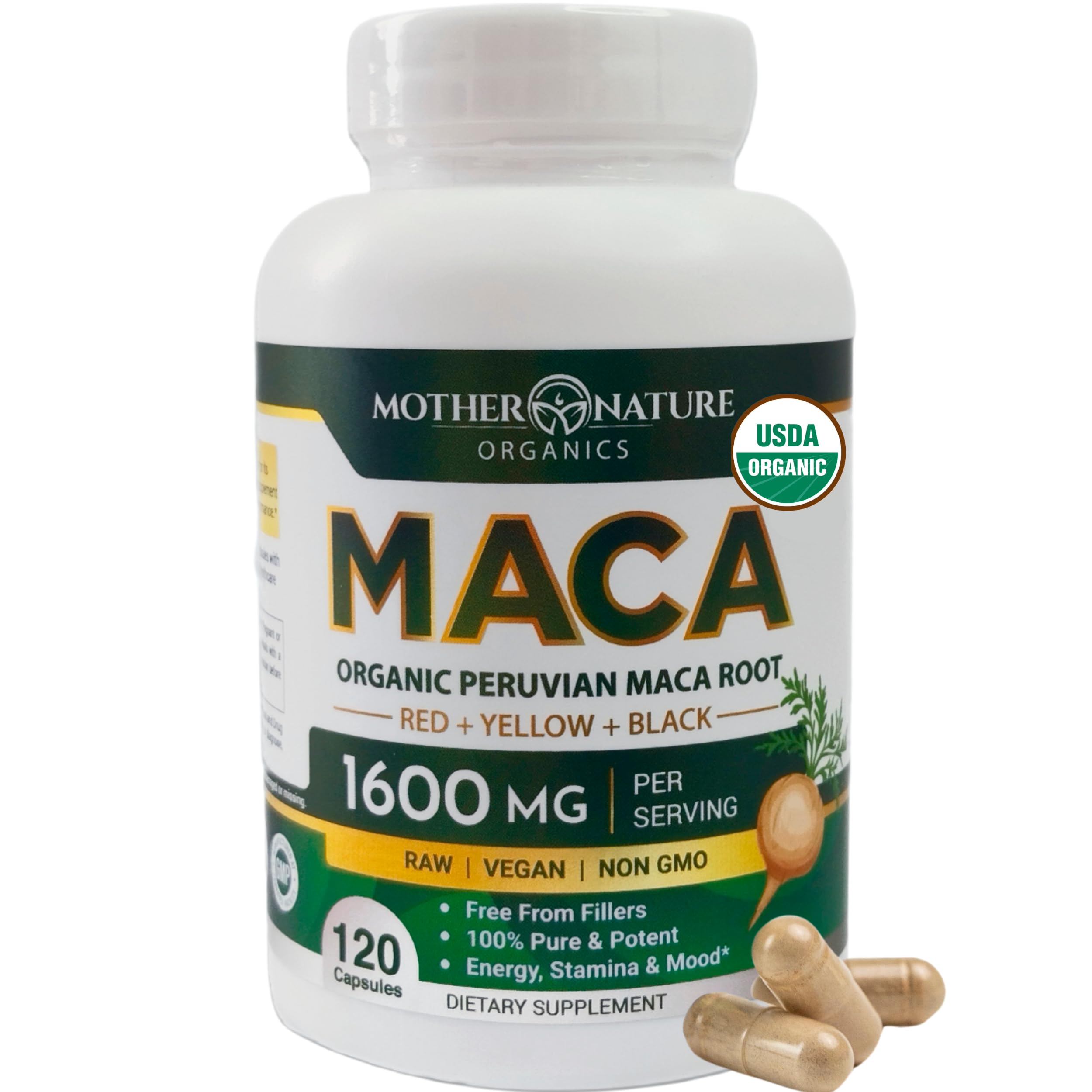 Mother Nature Organic Maca Root Capsules – 1600mg, 120 Vegan Capsules – Non GMO Peruvian Yellow, Red & Black Maca for Men & Women - Energy, Hormone, Brain & Weight Well-BeingUSDA Organic