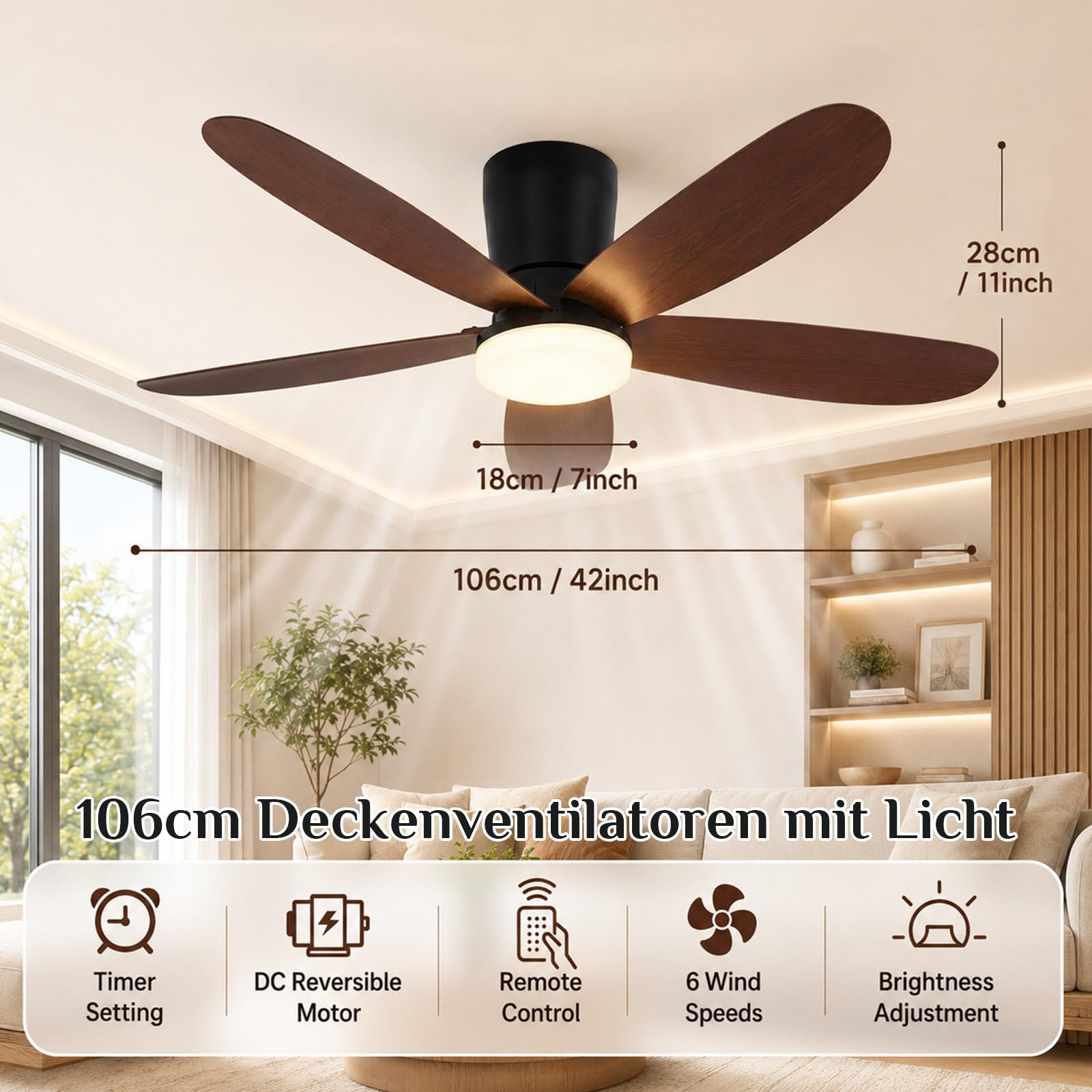 Deckenventilator mit Beleuchtung & Fernbedienung, App-Steuerung 107 cm Deckenventilator Leise mit DC Motor, Dimmbare LED in 3 Farben, 6 Geschwindigkeiten, Reversibel für Schlafzimmer & Wohnzimmer