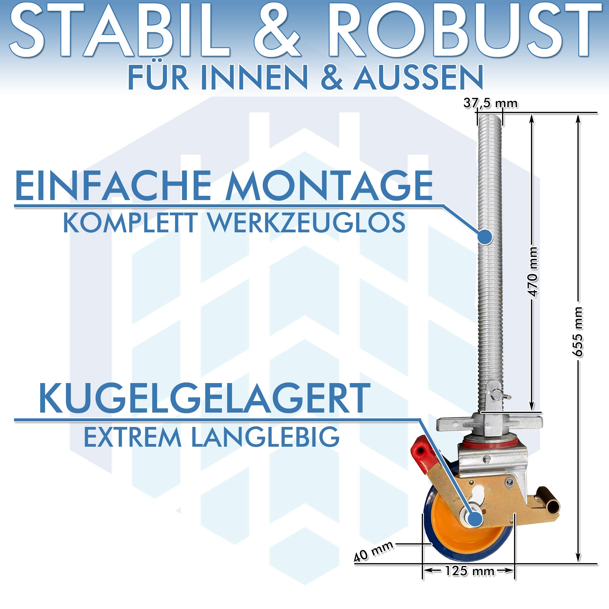 4 Stück Gerüstrollen 125 mm LAYHER*-kompatibel mit Stahlspindel, doppelt gebremst, lotrecht stehend, passend zu LAYHER*-Gerüsten und anderen Herstellern
