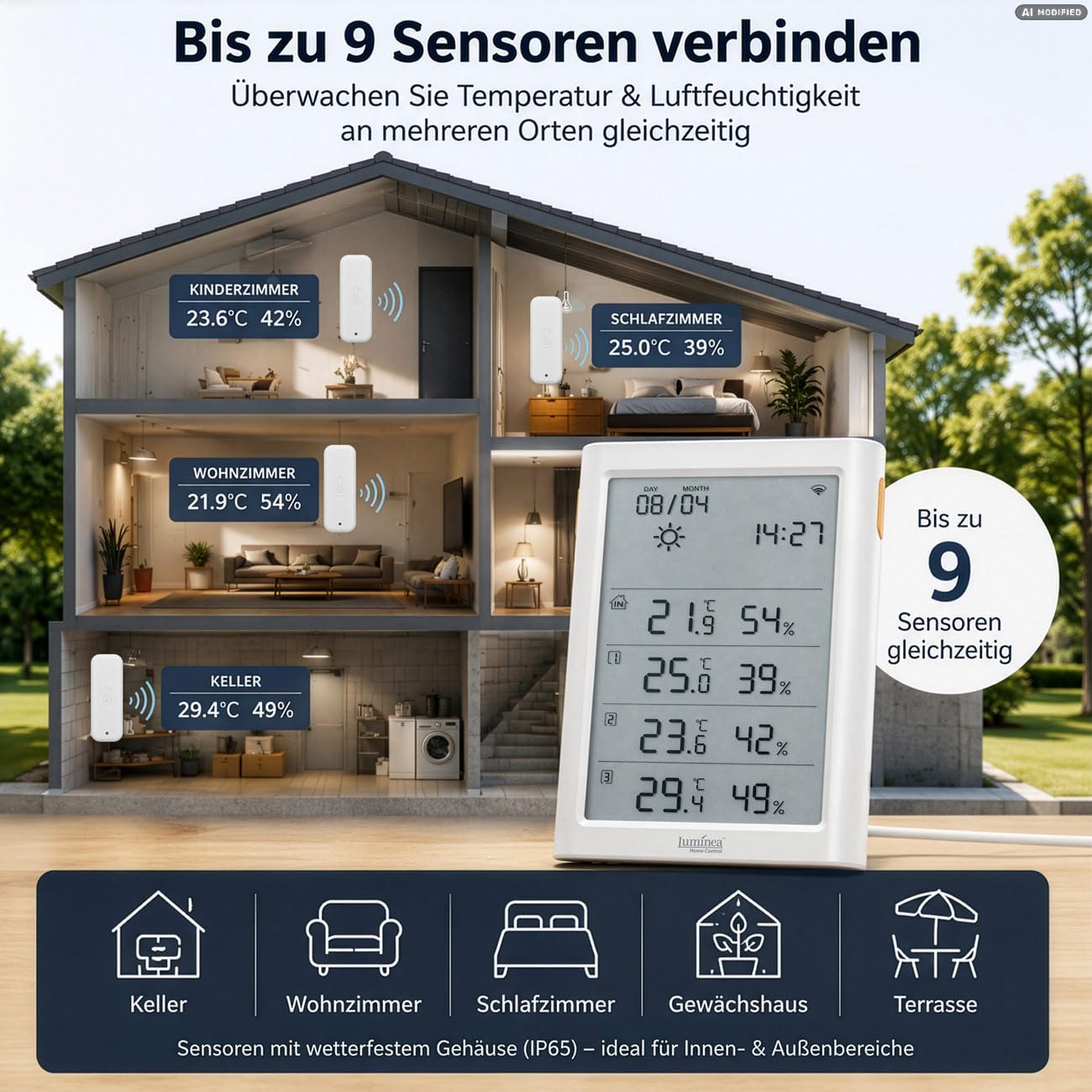 Luminea Home Control LCD-Thermometer: WLAN-Hygrometer-/Thermometer-Station, 3 Sensoren, Sirene, Lichtsensor (Funk-Temperatursensor, Temperatur-Außensender)