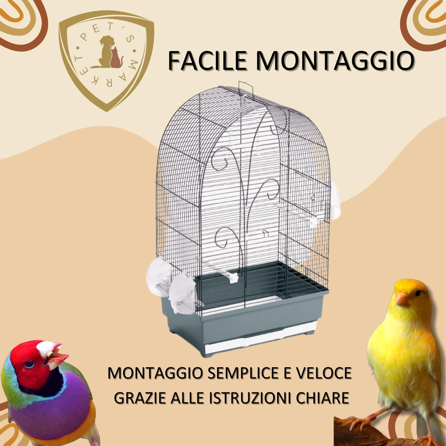 Pet's Market Gabbia Lisa Uccelli e piccoli Volatili 40x27x61h cm Mangiatoi Posatoi Beverini Vaschetta Estraibile (Grey)