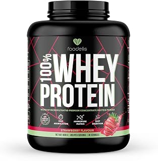 Foodelis 100% Whey Protein | Proteína de Suero Premium con Glutamina Natural y Perfil Completo de Aminoácidos | Máxima Absorción y Fácil Digestión | 908 g – 30 Dosis (Fresa)