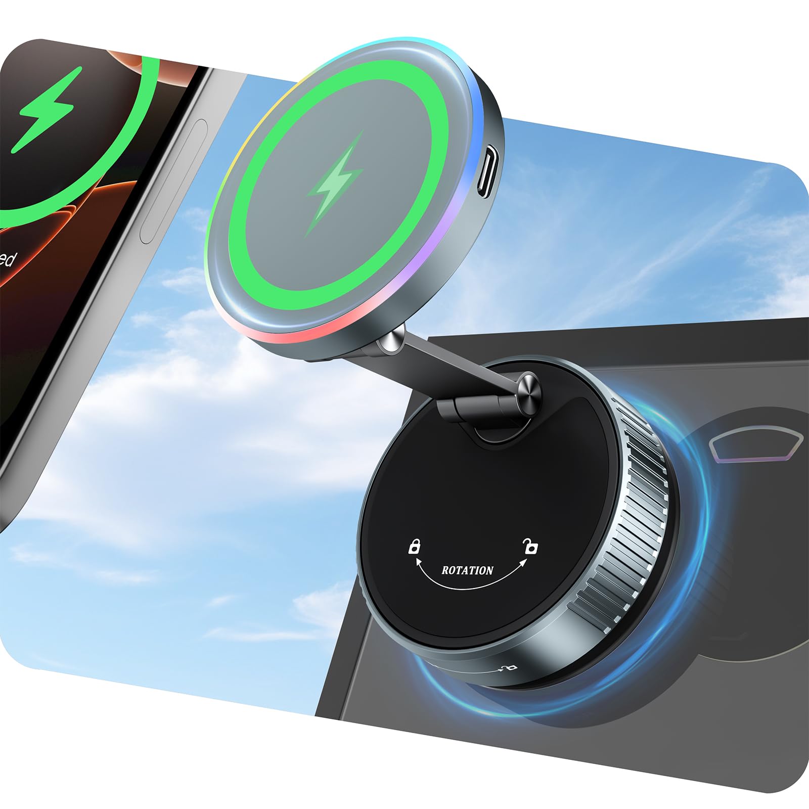 CloudValley Soporte Cargador MagSafe para Coche, Carga Inalámbrica Rápida 15W, Ventosa Vacío Giratoria 360°, Soporte Magnético con Luz RGB para iPhone 16/15/14/13/12/Salpicadero/Parabrisas