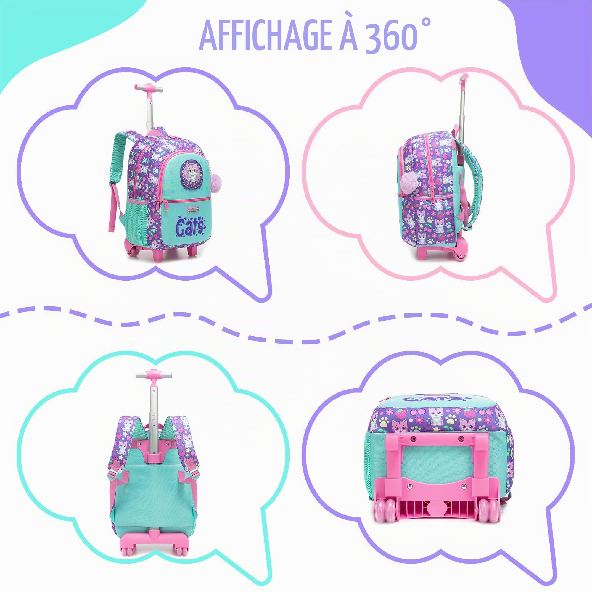 HTgroce Sac à Dos à Roulettes Fille Primaire Chat– Cartable a Roulette Fille – Idéal pour CP CE1 CE2 CM1 CM2