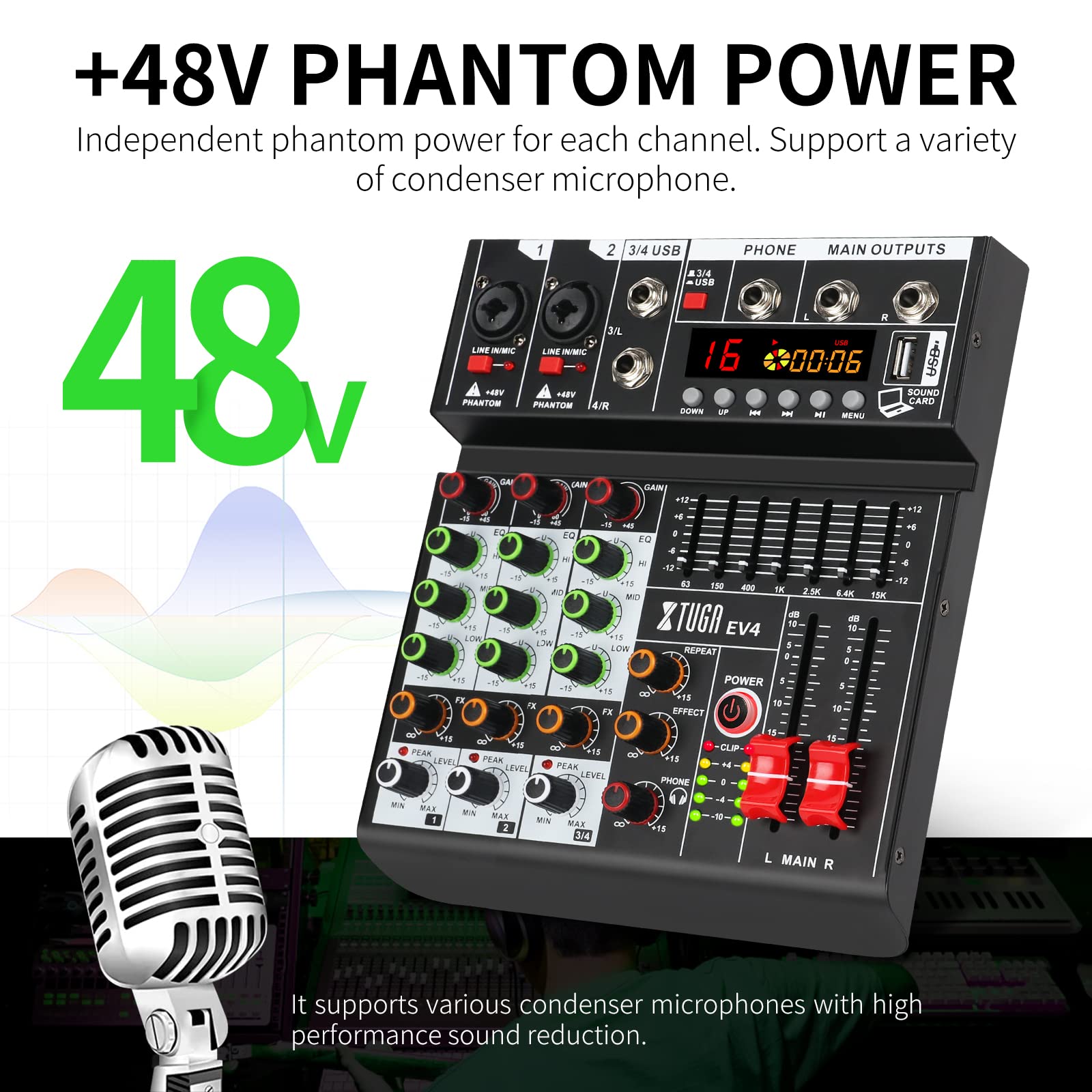 Amazon.com: XTUGA EV4 Mezclador de audio profesional de 4 canales