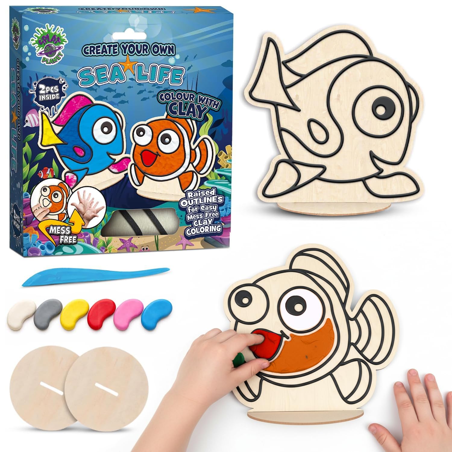 Splat Planet Sea Life Clay Colouring Kit for Kids – 2 PK DIY 3D Art Craft Kit with Air-Dry Clay, Mess Free Clay Colouring, Creative Kids Arts and Crafts Activity Set, Sea Life Craft Gift.