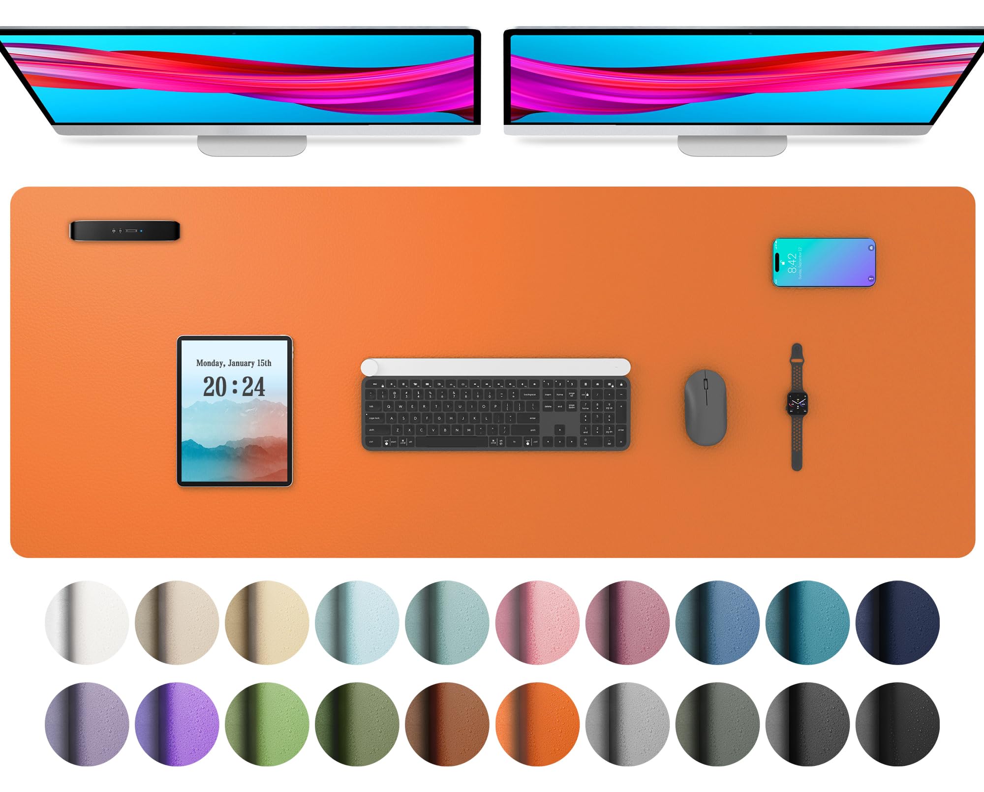 Aothia Leather Desk Pad Protector, Office Desk Mat, Large Mouse Pad, Non-Slip PU Leather Desk Blotter, Laptop Desk Pad, Waterproof Desk Writing Pad for Office and Home (48"x17", Hermes Orange)