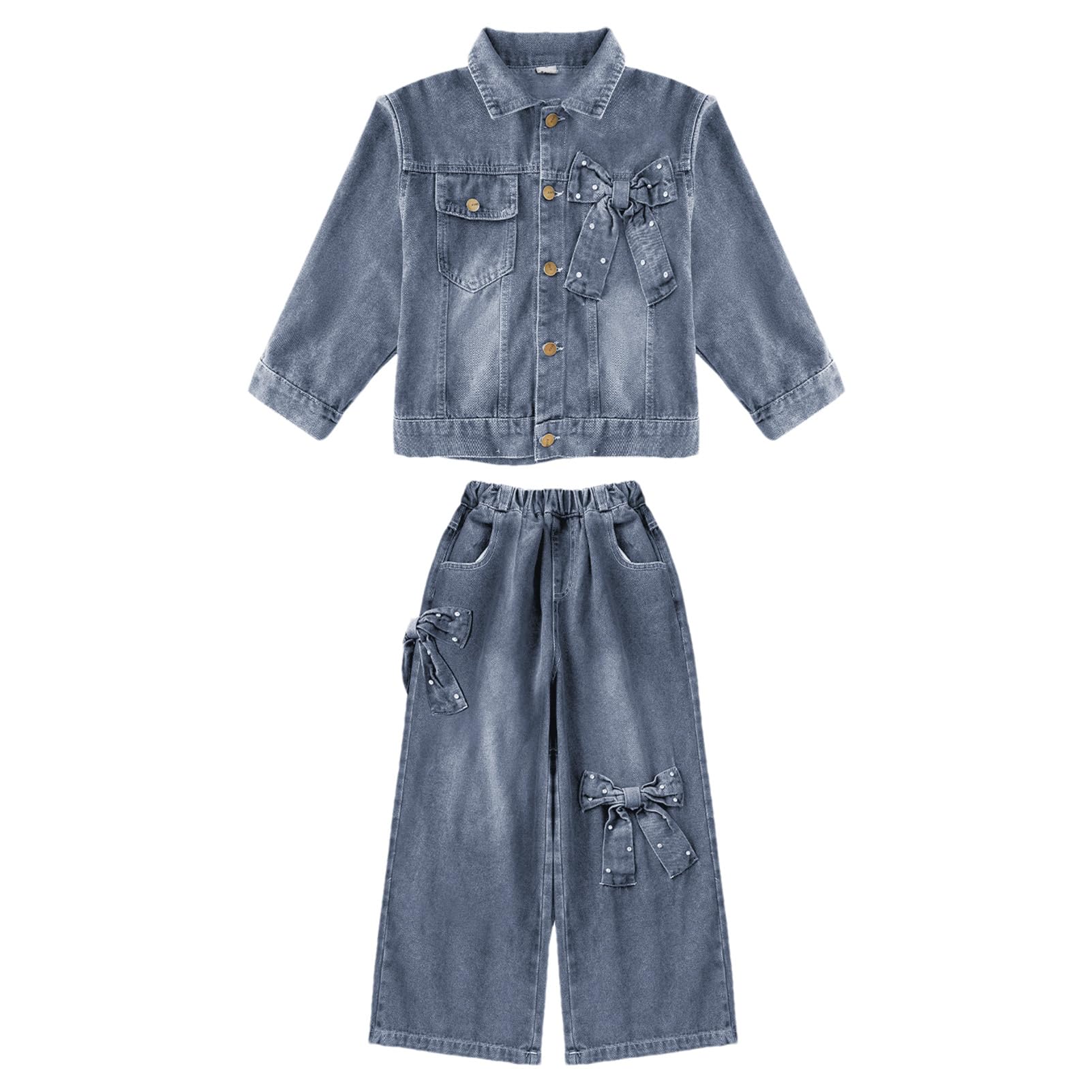 amropi 2 Pezzi Completo di Jeans Bambina Ragazze Giacca in Denim con Fiocco 3D e Pantaloni a Gamba Larga Set per 3-12 Anni