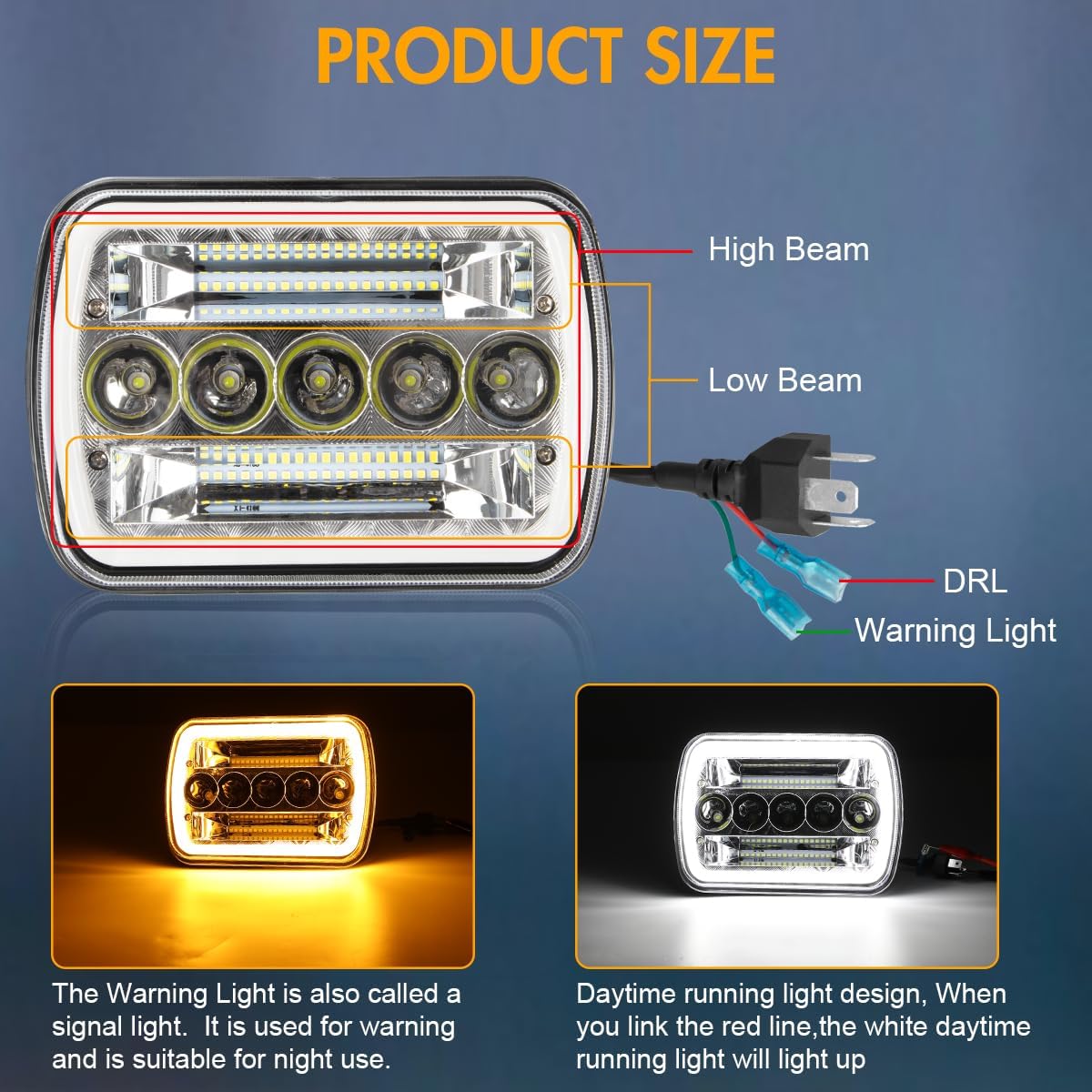 Pair H6054 5x7 7X6 LED Headlights Sealed High/Low Beam Compatible with Ford E150/E250/E350/E450 Econoline 1985-2013 (Ford E Series Bi-colour 7' square lamps)