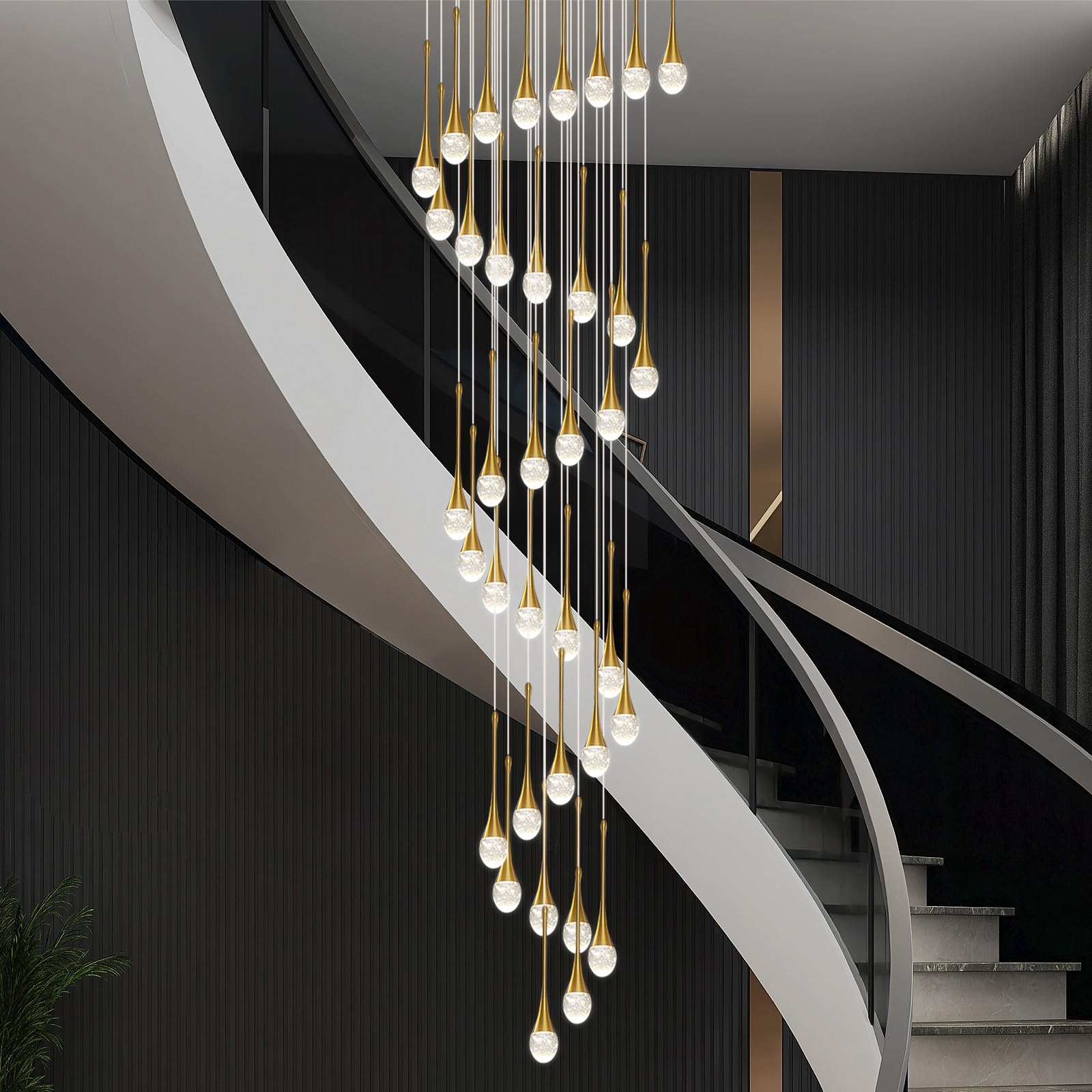 150''/381cm Long Staircase Crystal Pendant Chandeliers with 36Lights, Gold & Crystal, Ideal for Foyer, High Ceiling, Dimmable LED Fixtures