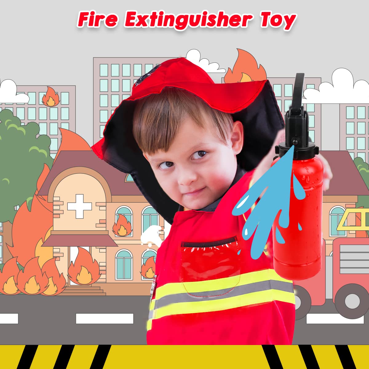 LOYO Kids Role Play Halloween Costumes, Red Fireman Costume with Firefighter Outfit Toys Accessories for 3 to 6 Year Old Children - Image 4