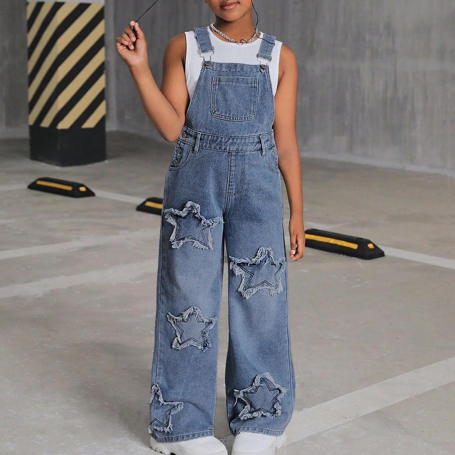 Girls Star Embroidered Denim Overalls Adjustable Strap Jean Jumpsuit Kids Wide Leg Jeans Rompers with Pockets