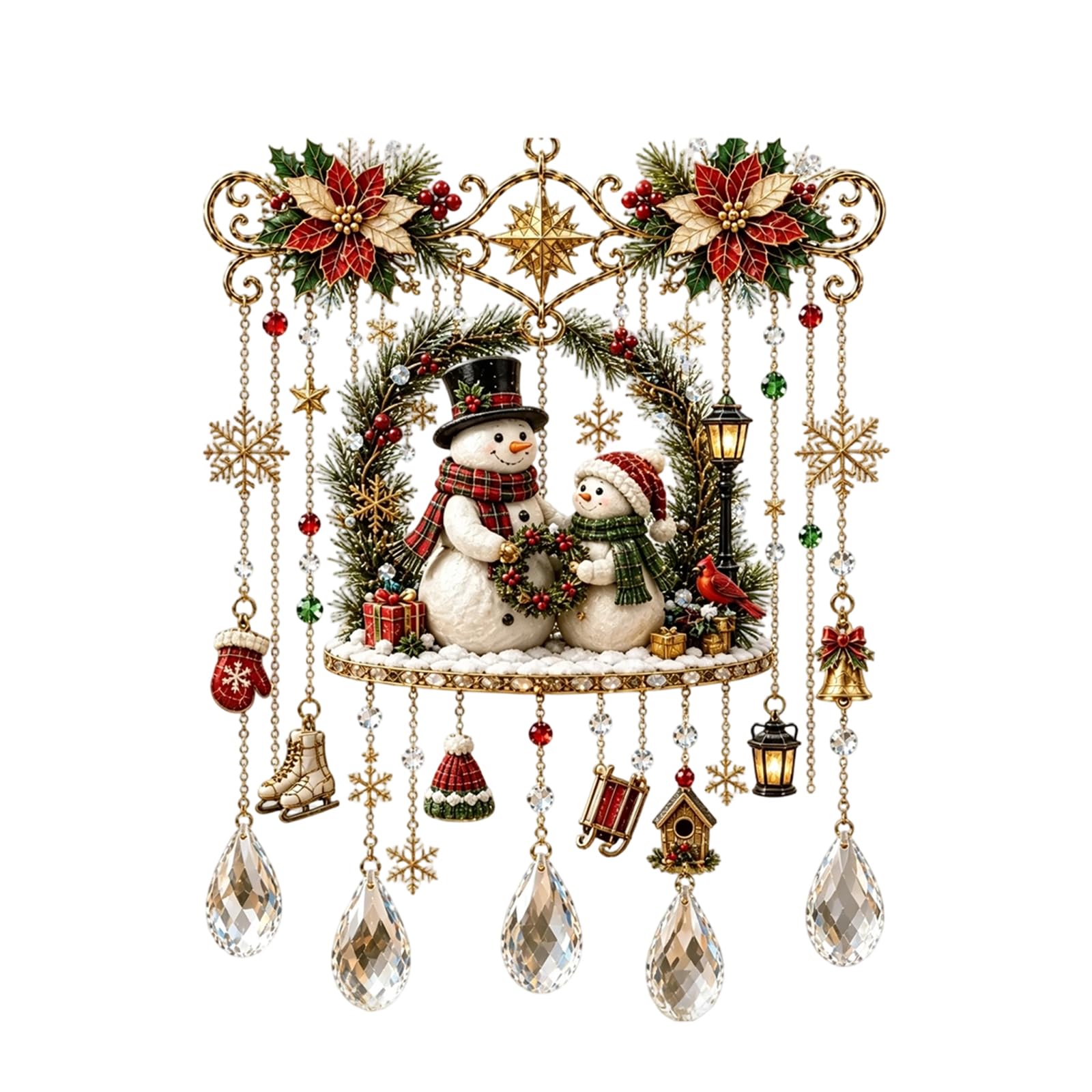 Handmade Christmas Window Hanging, 3D Sparkling Christmas Stained Glass Style Sun Catcher, Santa Reindeer Holiday Wind Chime with Crystal Drops, Festive Holiday Ornament Decor for Home Tree，#C