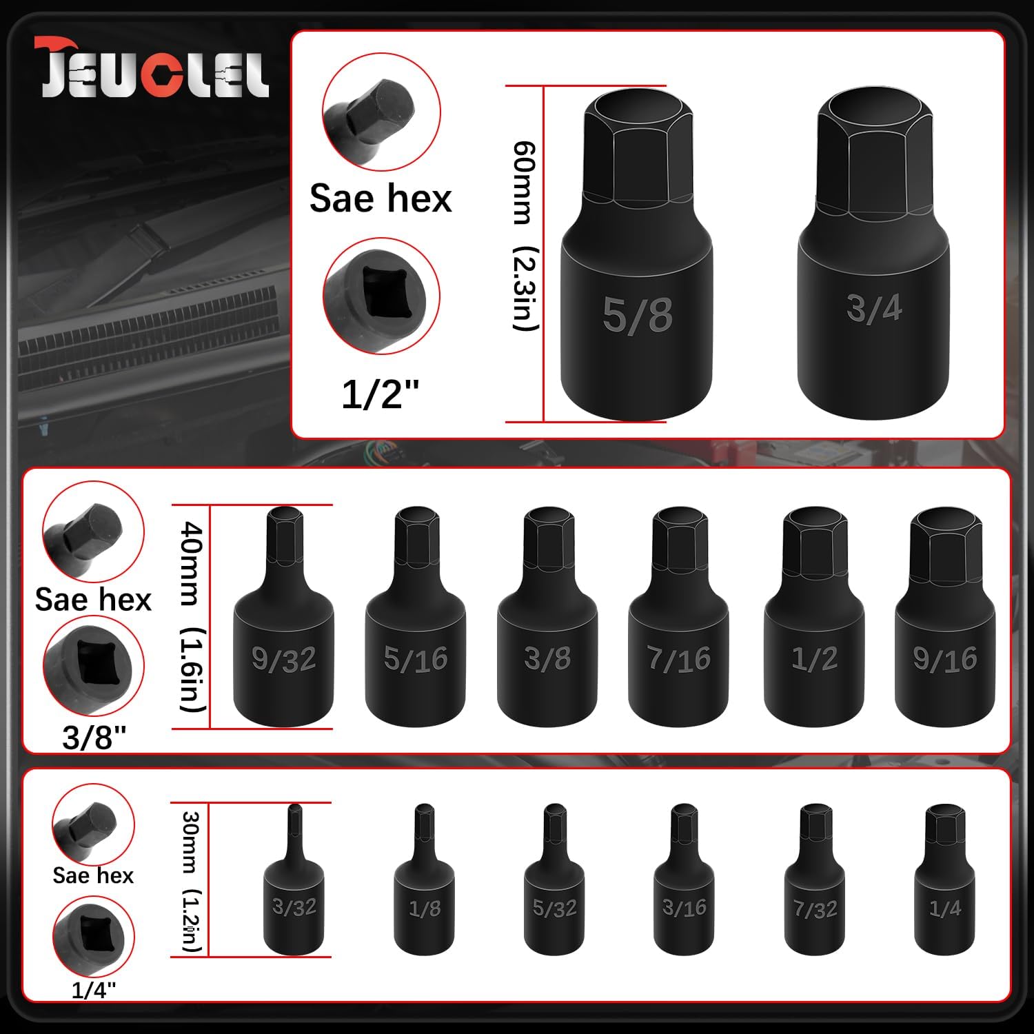 14Pcs Impact Grade Allen Bit Socket Set, SAE Hex Drive 1/4-Inch, 3/8-Inch, 1/2-Inch Drive Impact Hex Socket Kit, Heavy Duty Hex bit Screwdriver Adapter Hand Tool Repair Tool