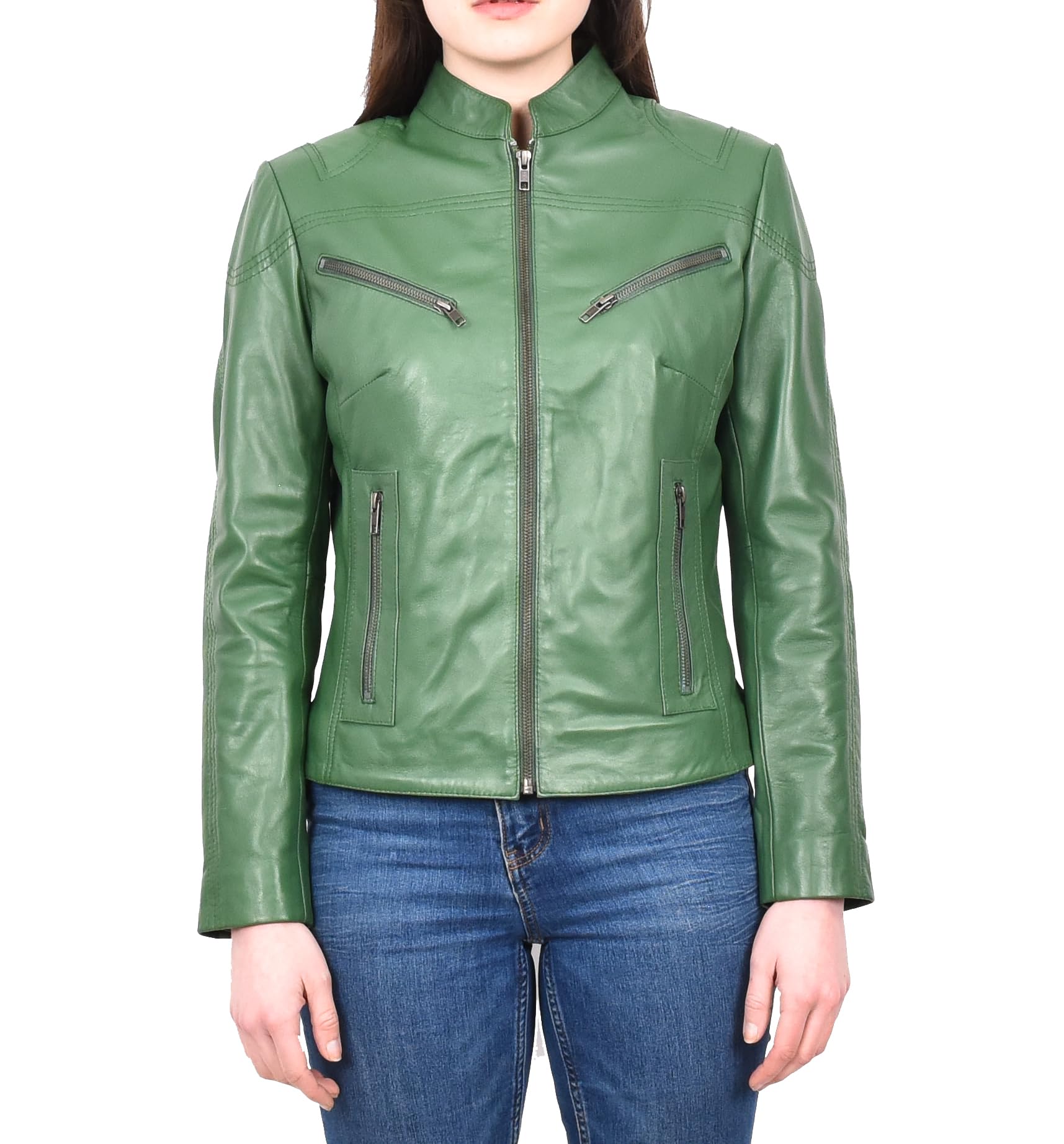 Divergent Retail Ladies Real Leather Biker Jacket Zip up and Band Collar Style Moto Bliss (UK, Numeric, 12, Regular, Regular, Green)