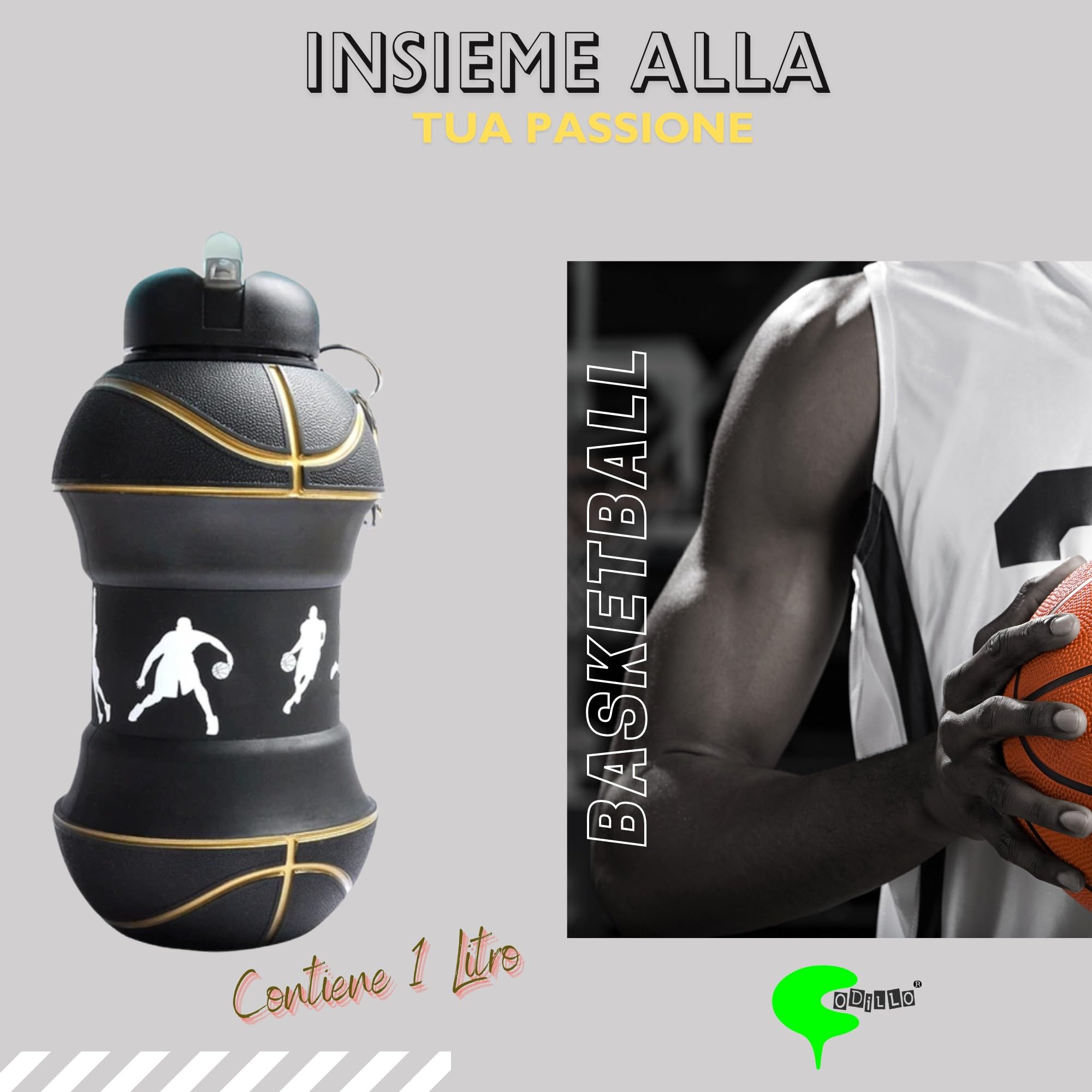 Borraccia, Gourde pour Enfants Pliable en Silicone Sans BPA, Idée Cadeau (1 Litre, Panier Noir)