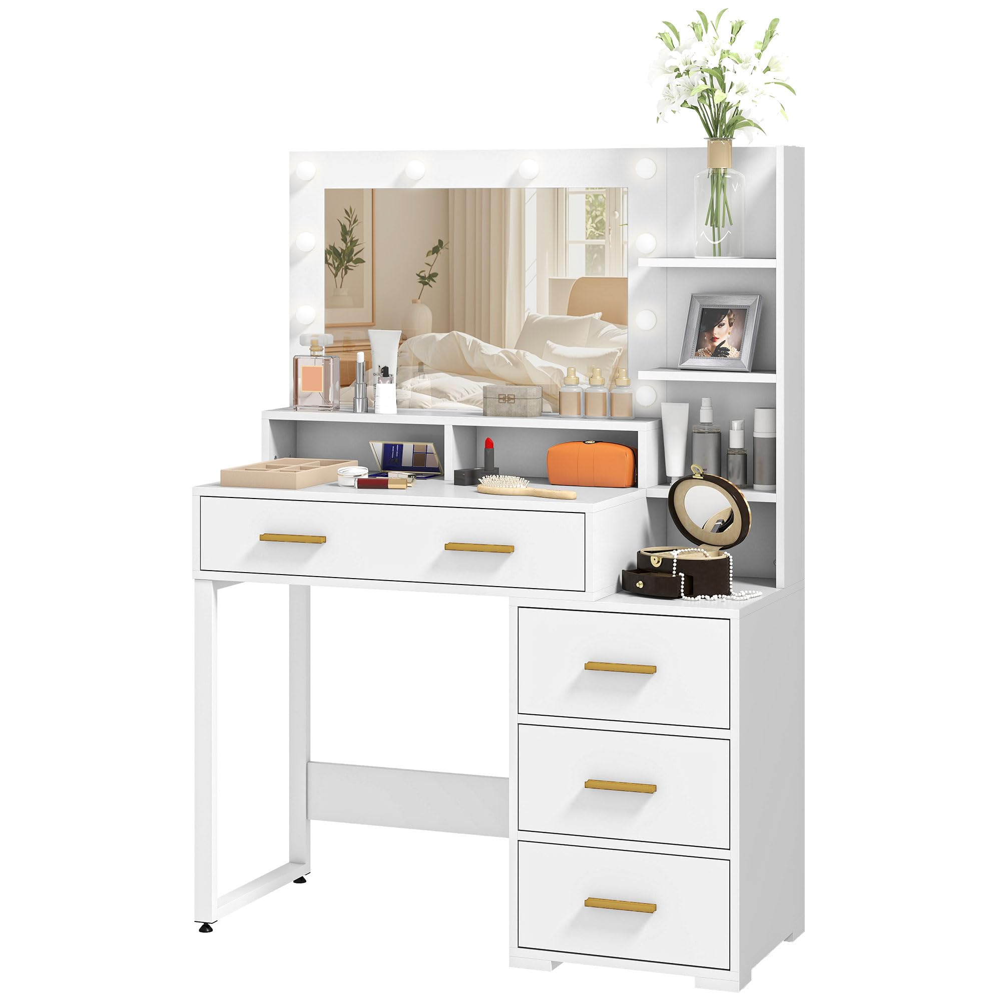 HOMCOM Postazione Trucco con Luci LED con 4 Cassetti 100x40x138 cm Bianco | Tavolo Toeletta Moderno, per Camera da Letto, 6 Ripiani Aperti, Specchio, Toeletta Trucco