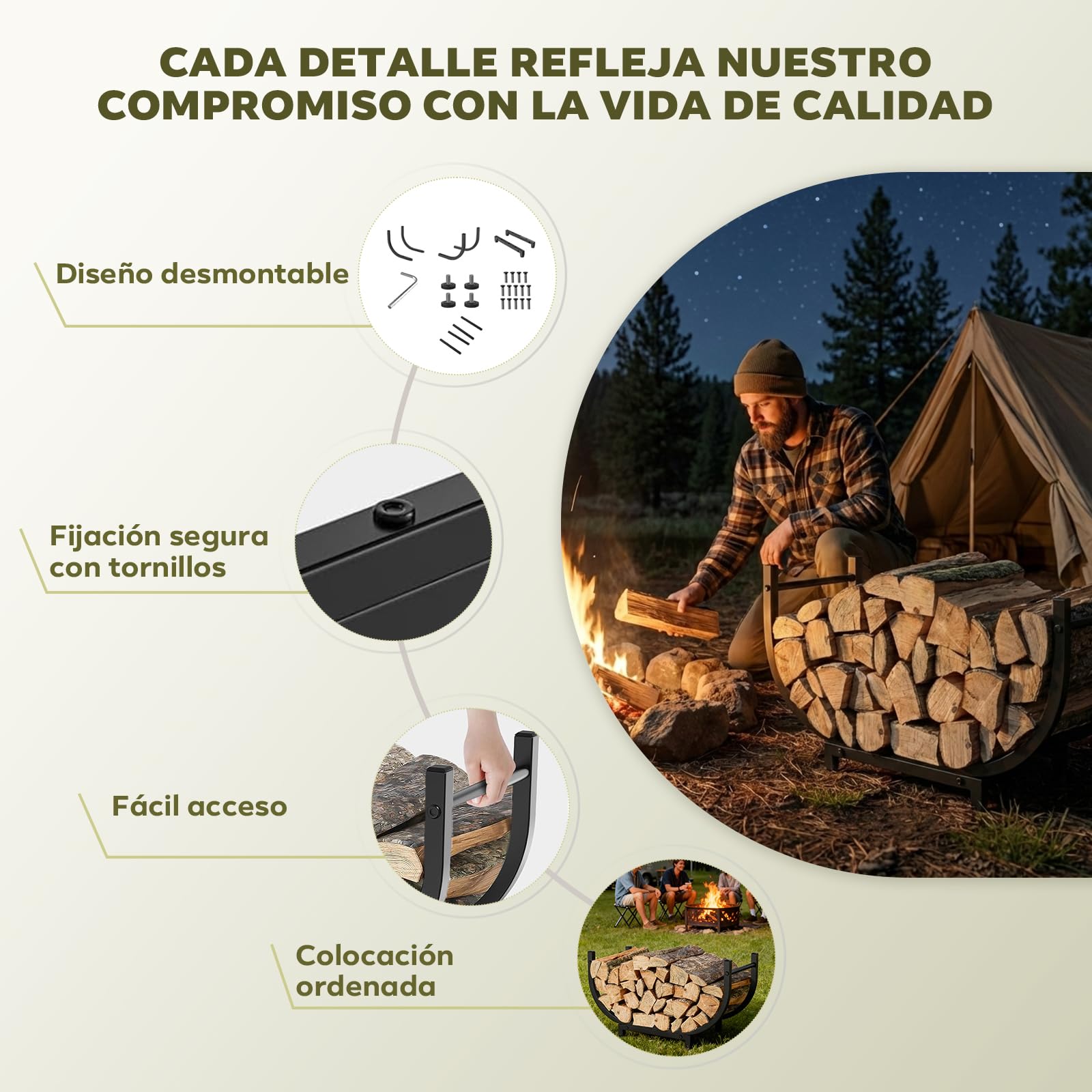 Estantería para Leña de Metal | Almacenamiento de Leña para Interior y Exterior | Soporte para Chimenea, Jardín, Camping y Autocaravana | Fácil Montaje, Negro