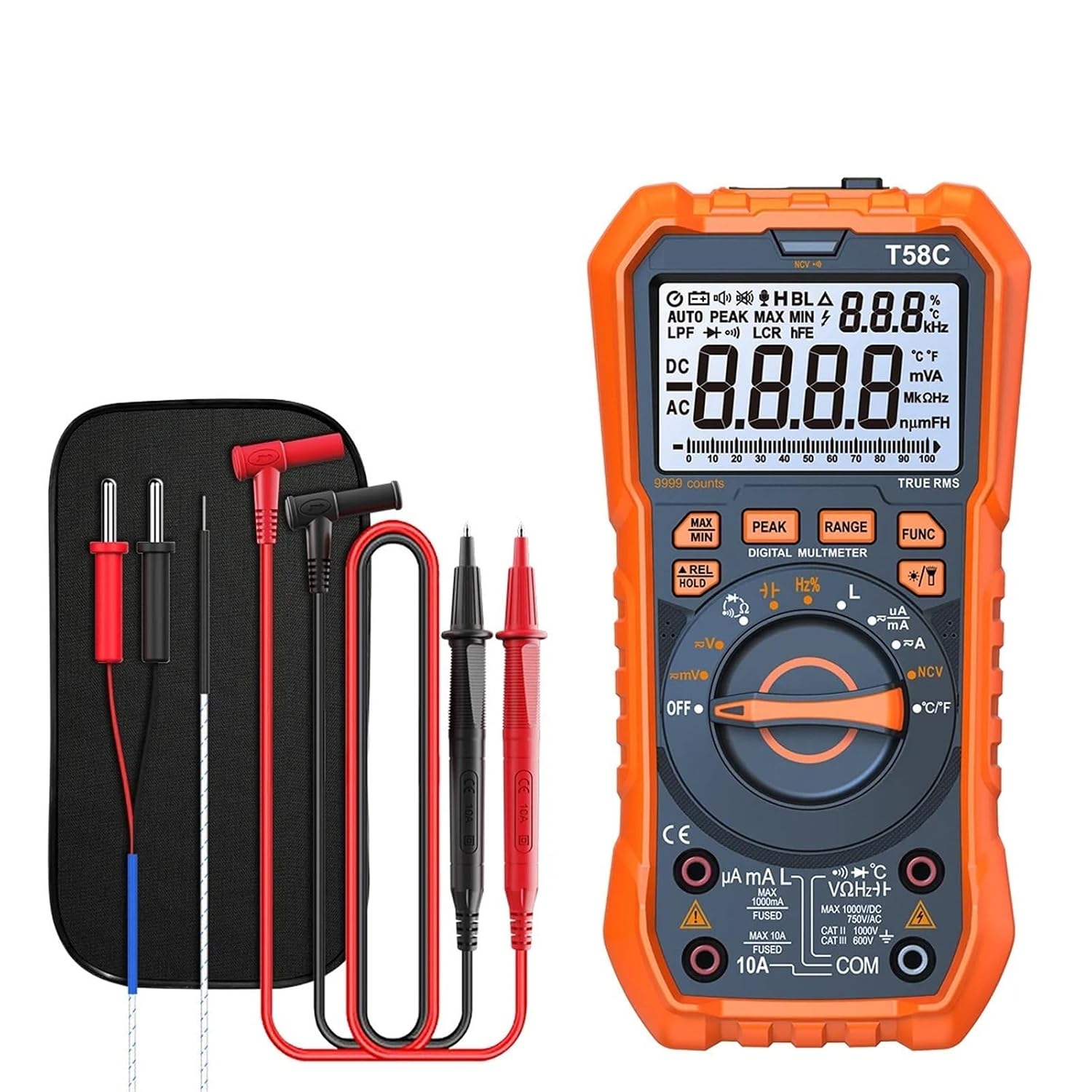 T58B T58C Inductance Digital Multimeter AUTO Range 9999 Counts Voltage Current Capacitance LED Smart Backlit Large Screen(Orange)
