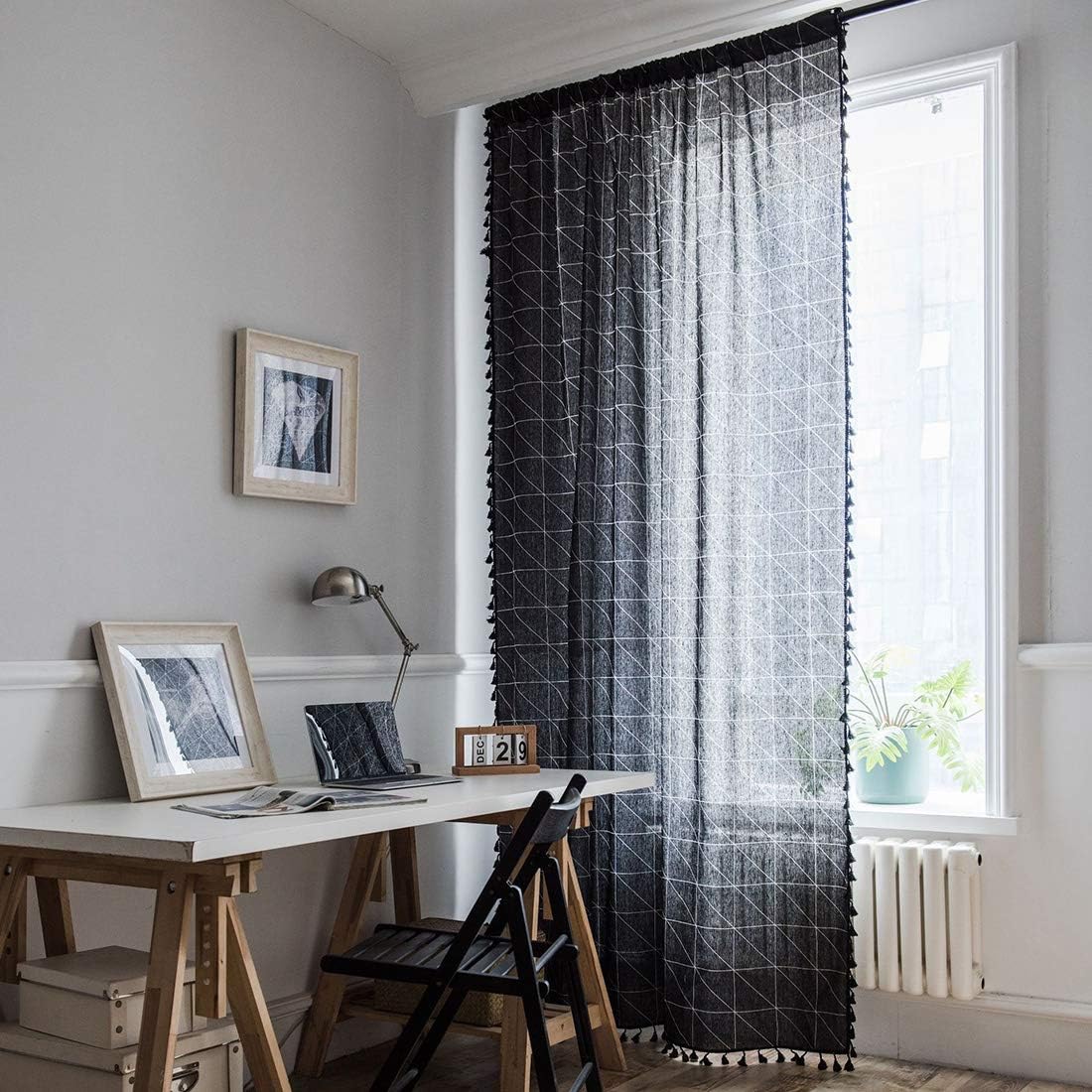 vctops Boho Geometric Print Cotton Linen Window Curtain Panel with Tassels Farmhouse Country Room Darkening Curtains for Bedroom Living Room, 1 Piece (59"x87",Black)