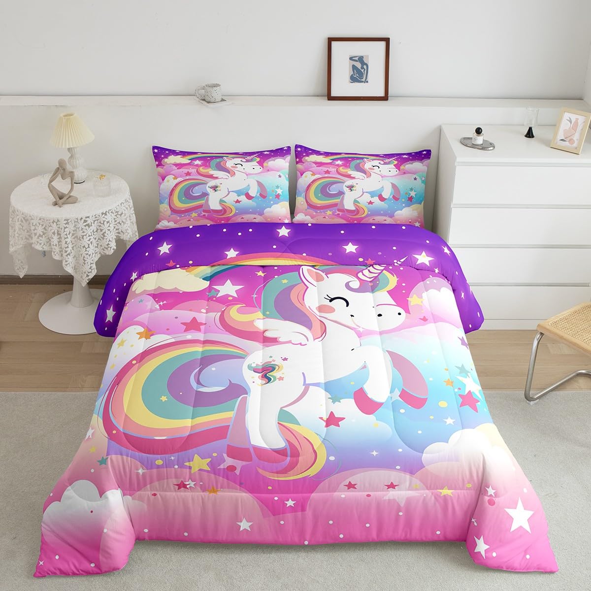 Amazon.com: Cartoon Unicorn Angel Comforter Set Purple Blue Pink