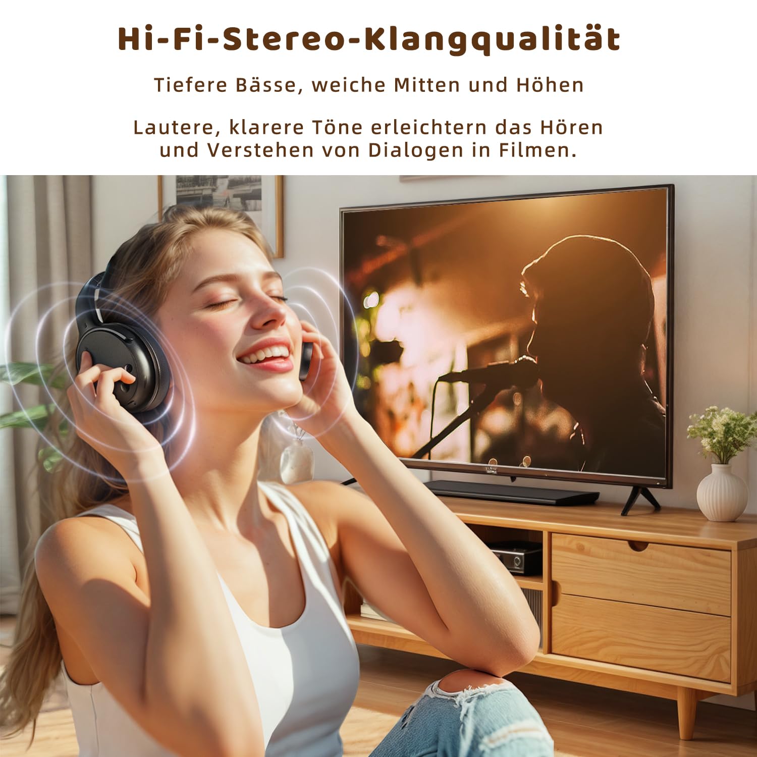 Holdsound Kopfhörer für Fernseher,TV Kopfhörer Kabellos für Senioren mit USB Verlängerungskabel Sender, 40 Stunden, Keine Verzögerung, Plug and Play, Geschenke für ältere Menschen