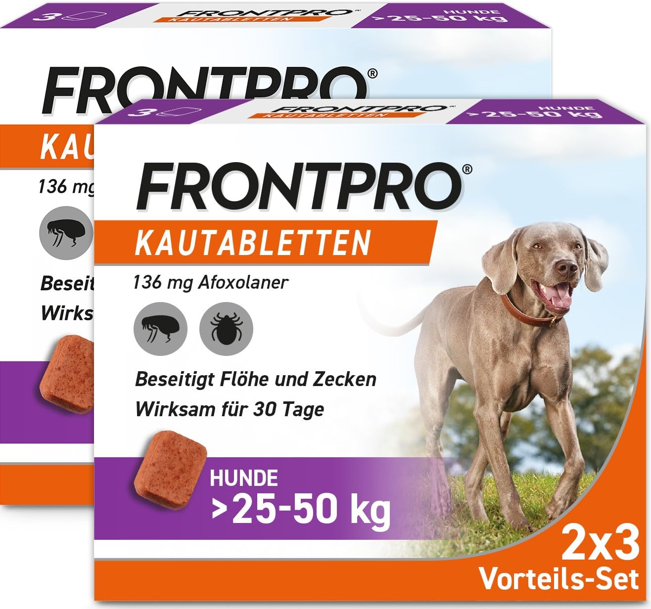 FRONTPRO Hund XL - Kautablette gegen Zecken & Flöhe (große Hunde 25 bis 50 kg) - 2x3 Kautabletten für 6 Monate Zecken- und Flohschutz