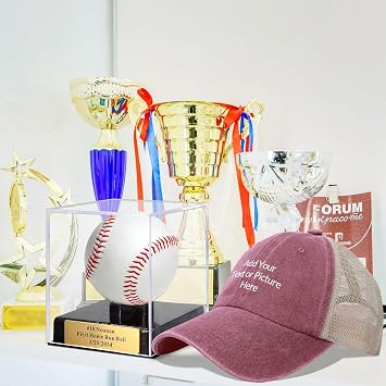 Custom Acrylic Baseball Display Case with Custom Plaque and Custom Baseball Cap Set, Baseball Holder Case with Engraving Plaque, Personalized Cap, Perfect for Keepsakes and Gifts(Coffee Gold, Style-1)