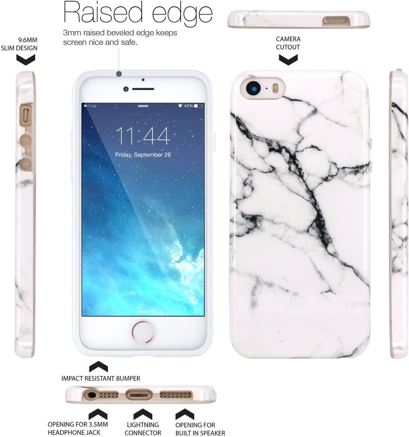 JAHOLAN iPhone 5 Case, iPhone 5S Case Watercolor White Marble Design Slim Shockproof Clear Bumper TPU Soft Case Rubber Silicone Cover Phone Case for iPhone 5 5S SE