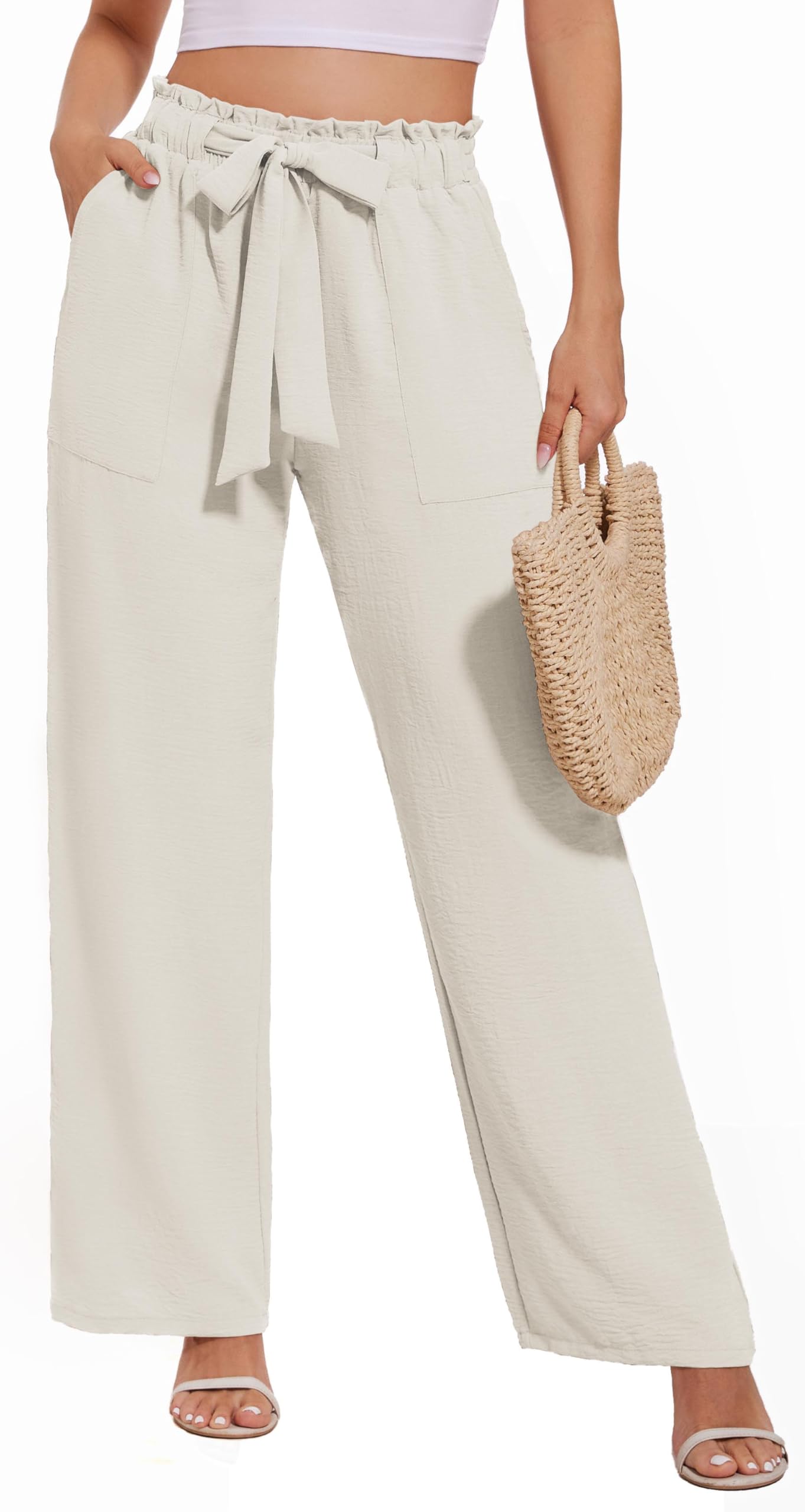 Neineiwu Damen Breite Hosen Sommer Casual High Waisted Weite Hose | mit Taschen, Bequeme, Leicht, Locker, Elegant, Freizeit