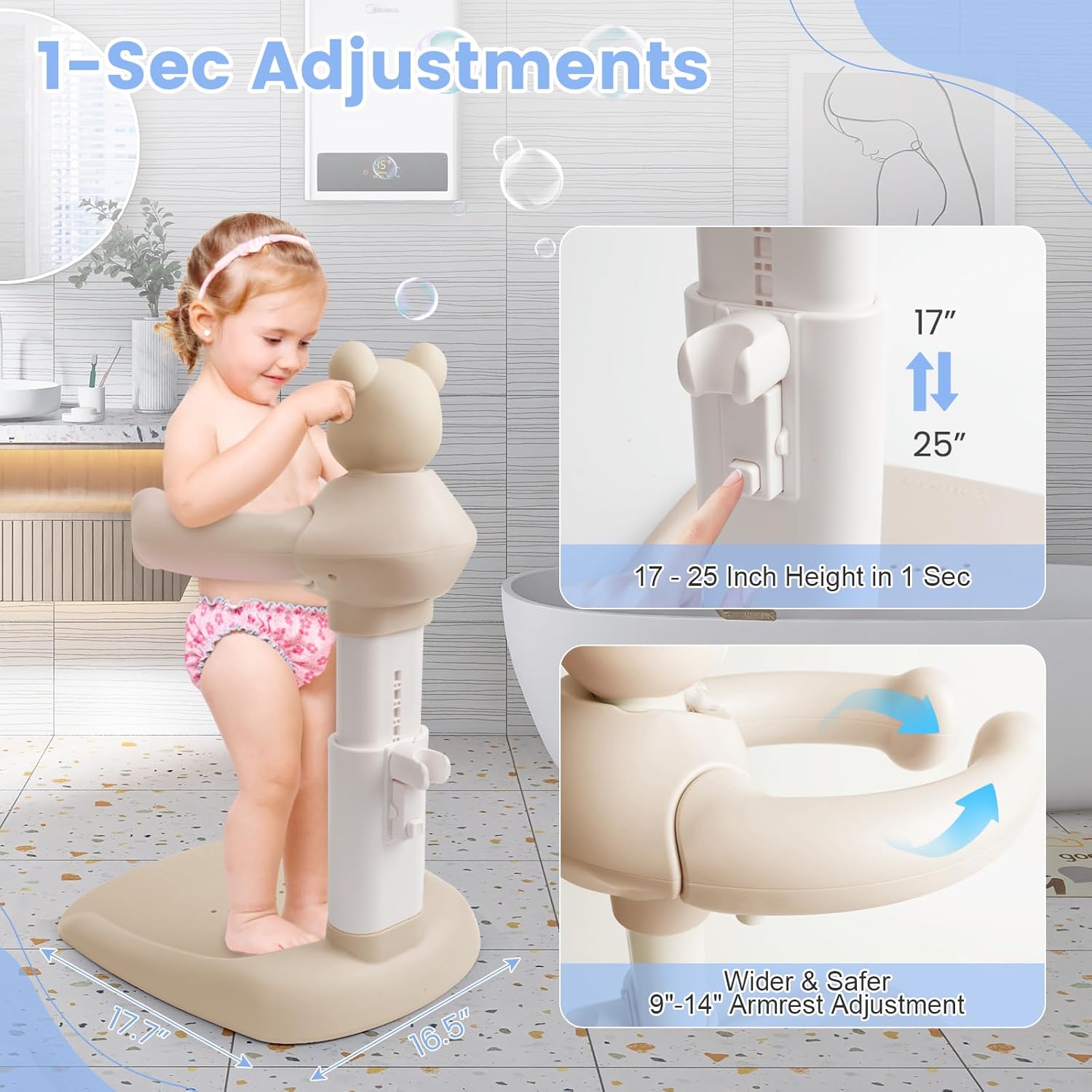 2-in-1 Adjustable Infant Baby Standing Bath Shower Support Set with Bear Design & Toy Duck | Joyful Bath Time Shower Stand Bundle for Infants & Toddlers | Portable Non-Slip Station (for 6-48 Months)