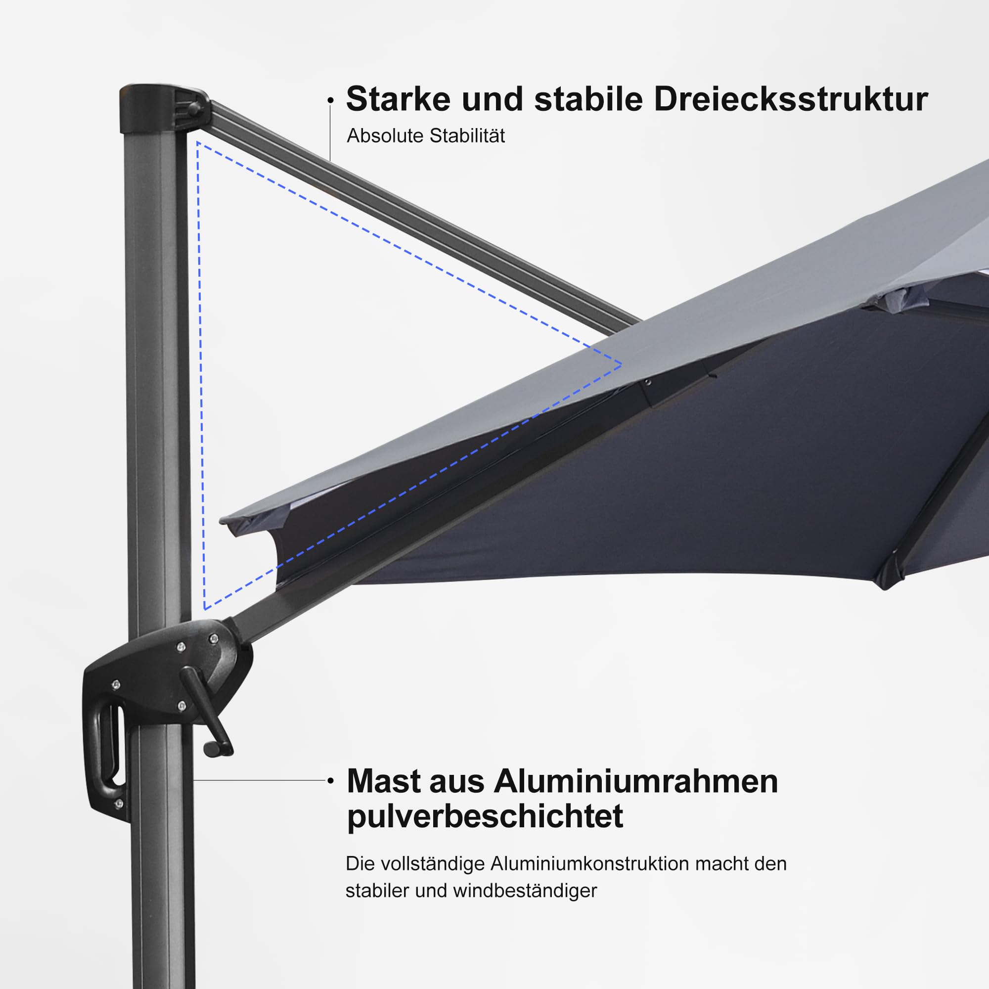 PURPLE LEAF Sonnenschirm 300 × 300 cm Groß mit Kreuzfuß Sonnenschutz, Grau | Alu Ampelschirm, Rostbeständig & Langlebig, Kurbelöffnung & 360° Fußpedal-Drehung, Einfache Bedienung, Flexibel Verstellbar